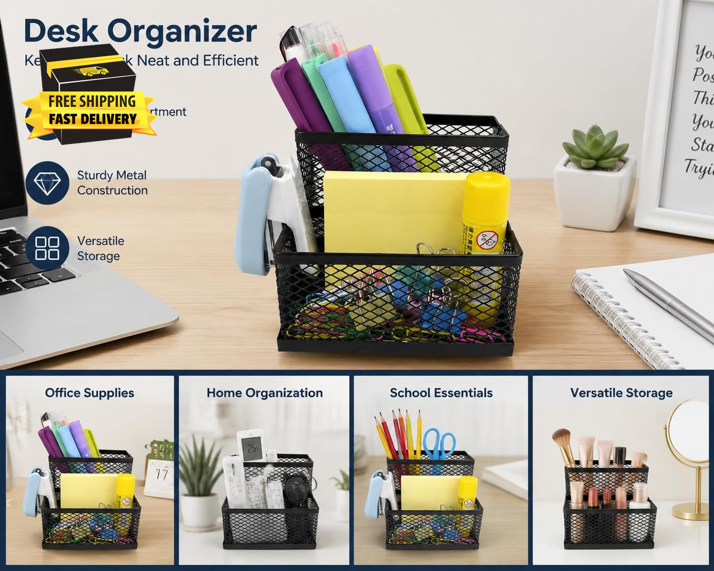 Pen Holder for Desk Organizer,2Compartments Office Supply Organizer for School H