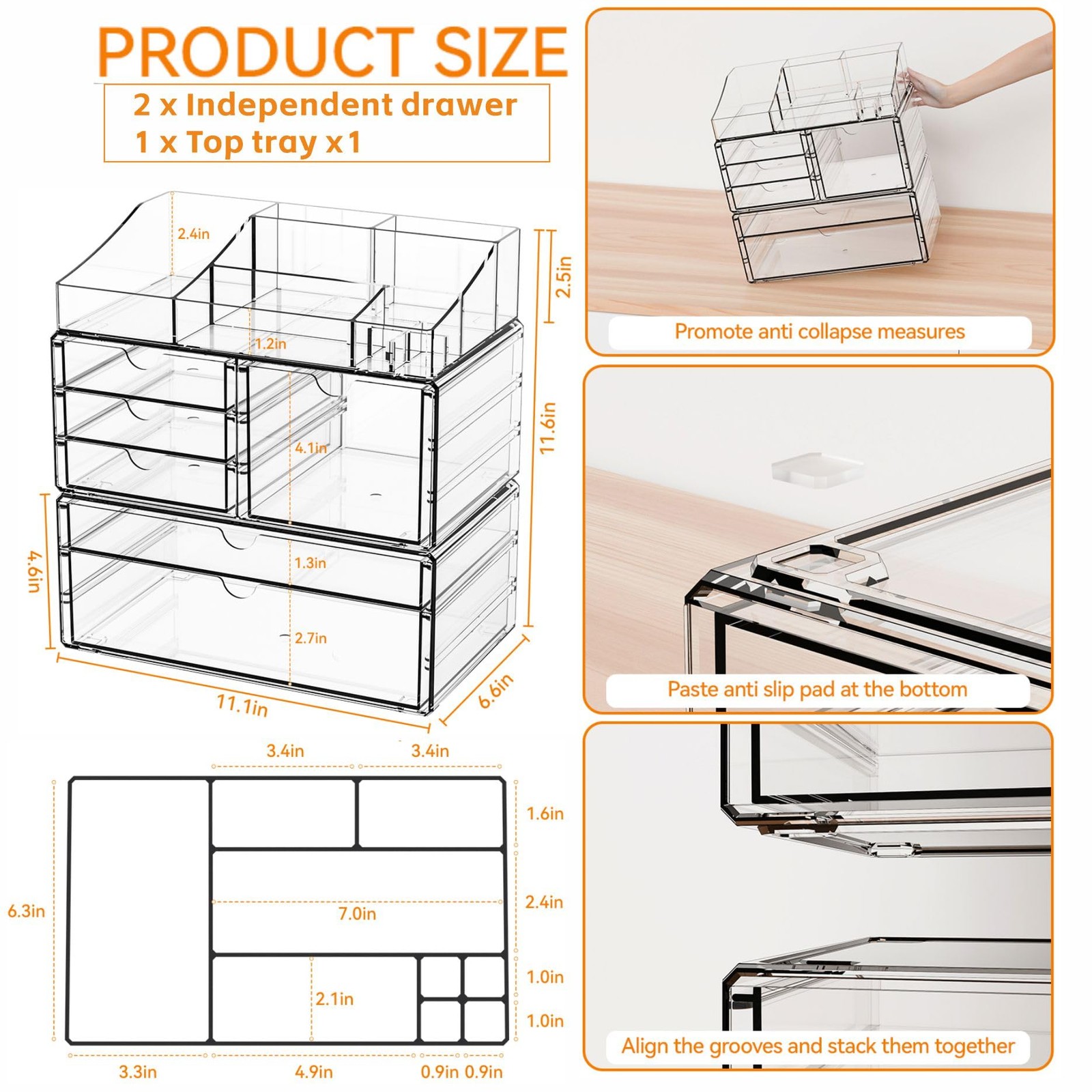 Yieach Acrylic Make up Organizers for Counter,Desk and 6 Drawers, Clear