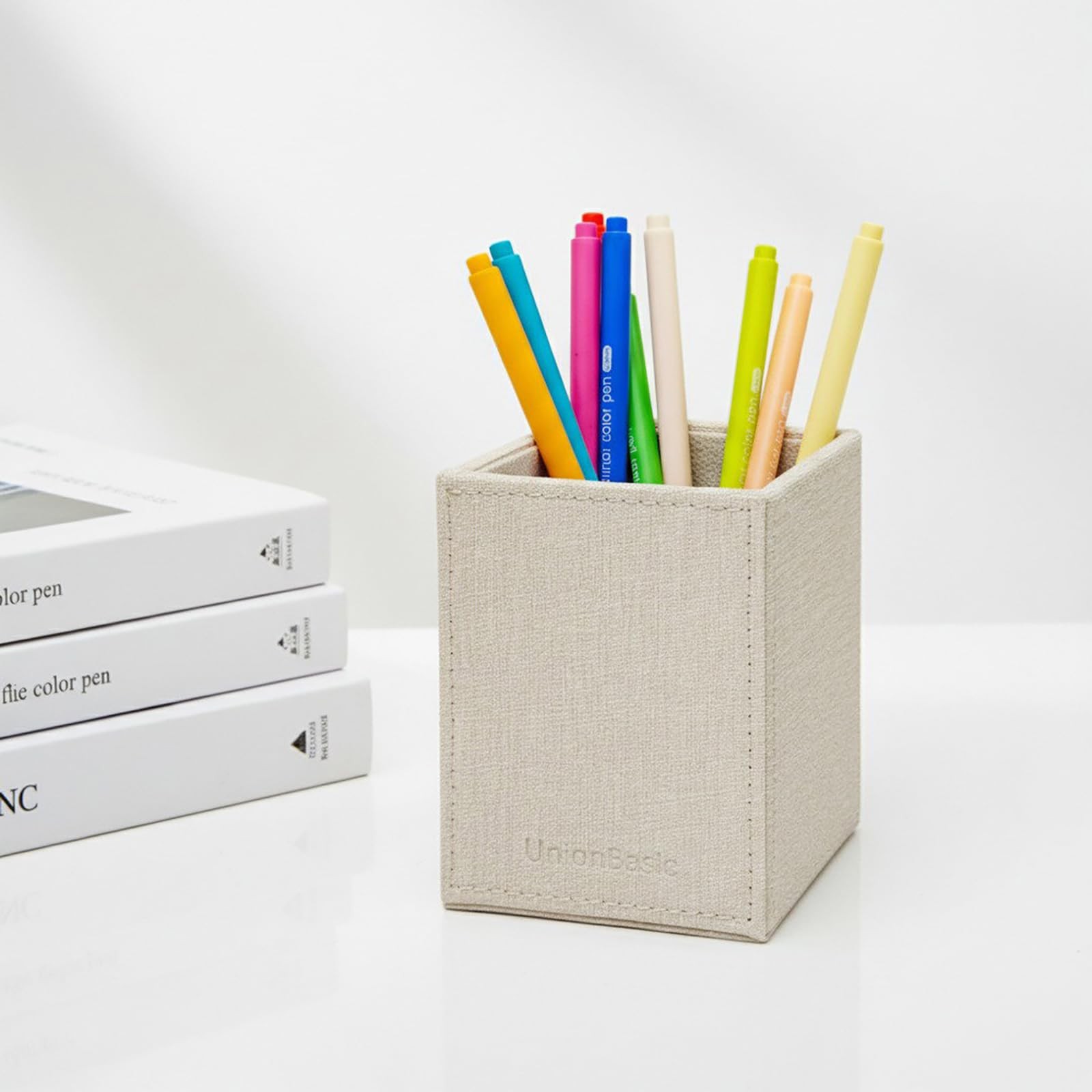 UnionBasic Square Pen Holder, Leather Pencil Cup, Desktop Caddy Beige