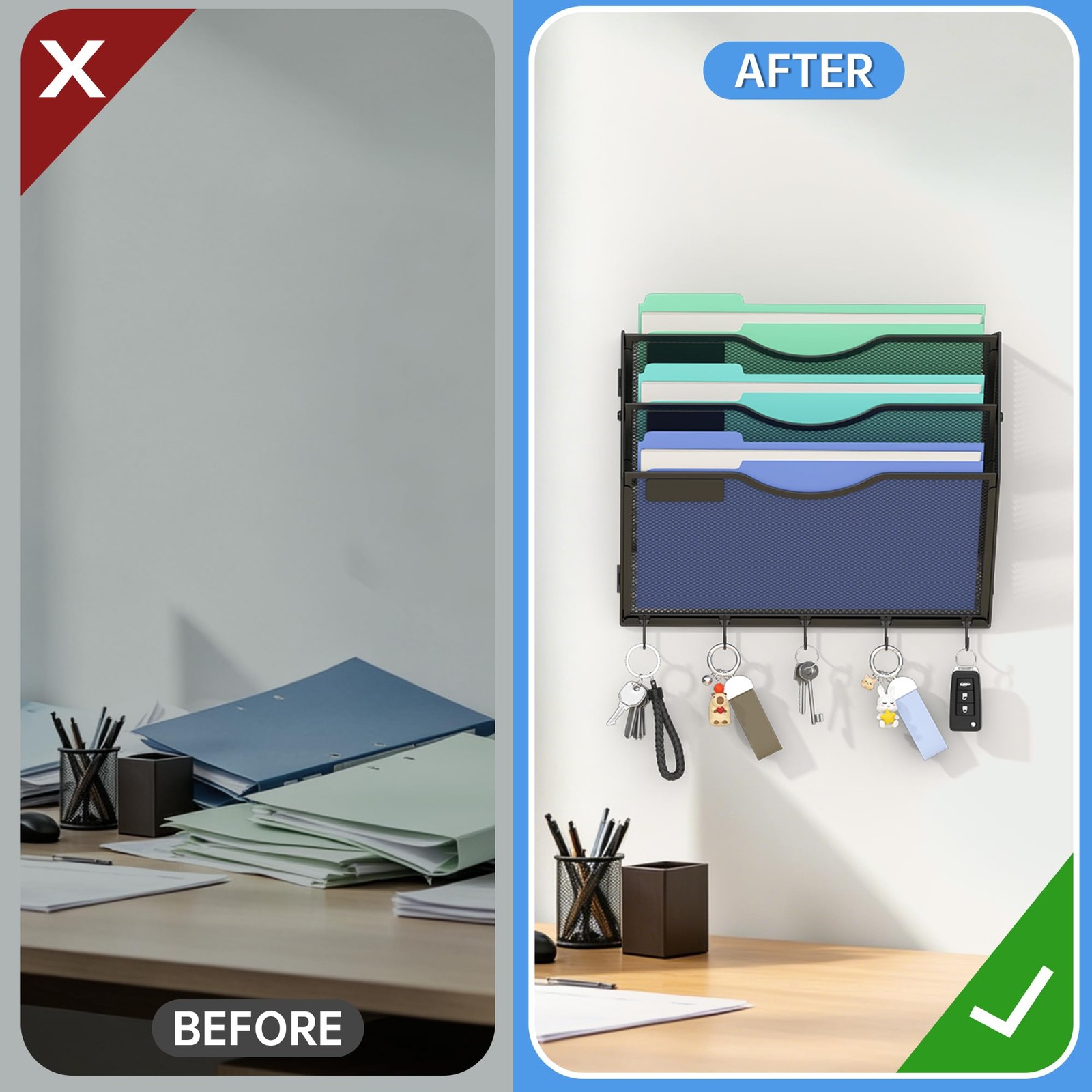 Gawerk Hanging Wall File Organizer with 5 Hooks – 3 Tier, 5-Tier Black