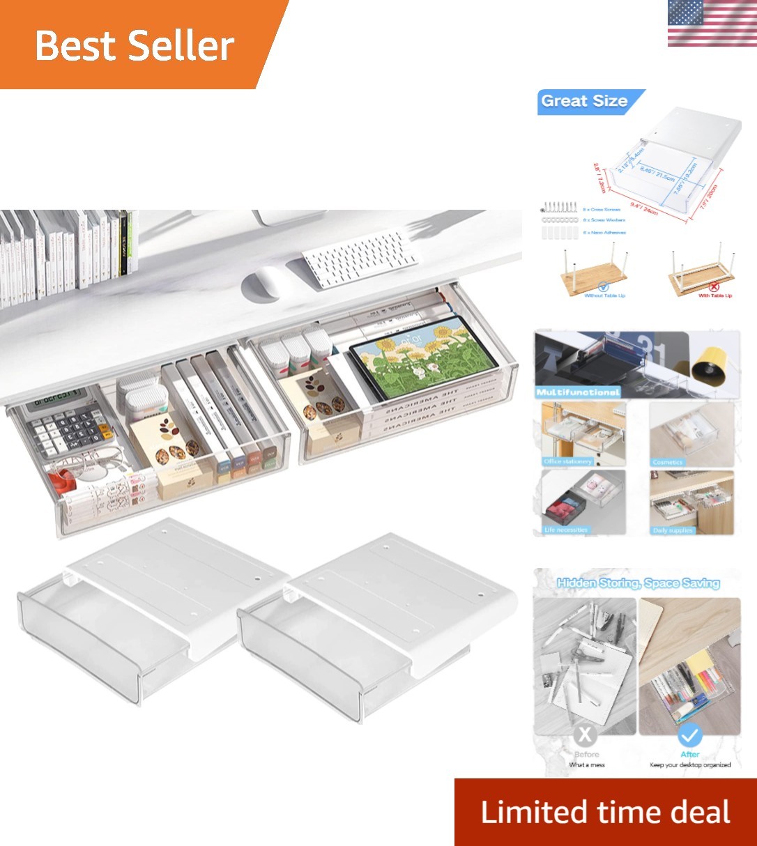 Under Desk Storage Drawers – Easy Install, Clutter-Free Solution, 2 Pack