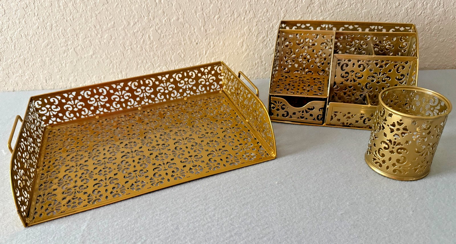 Gold Metal GLITZ Filigree Desk Accessory 3 Piece Set Letter Caddy Pen Holder