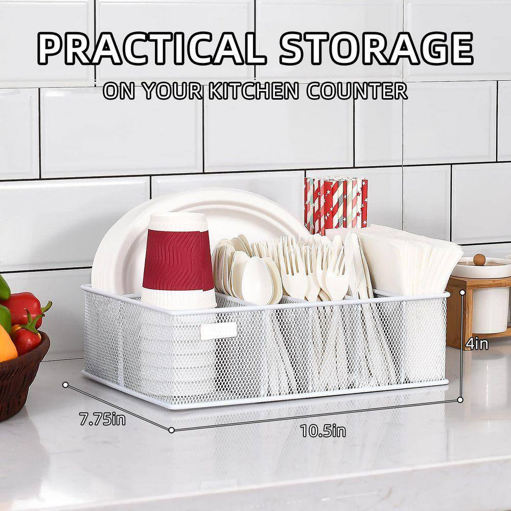 White Metal Paper Plate Organizer with 6 Compartments for Cups, Utensils, Napkin