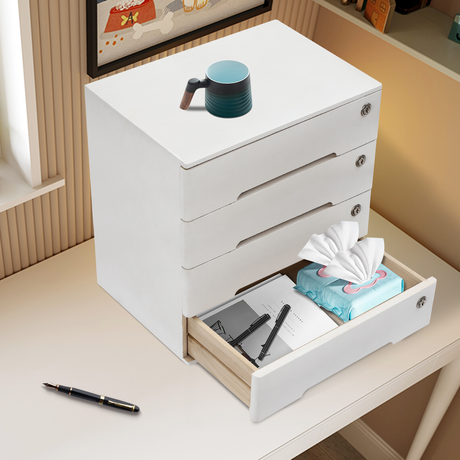 4-layer white wooden desktop storage box file cabinet with lockable drawers