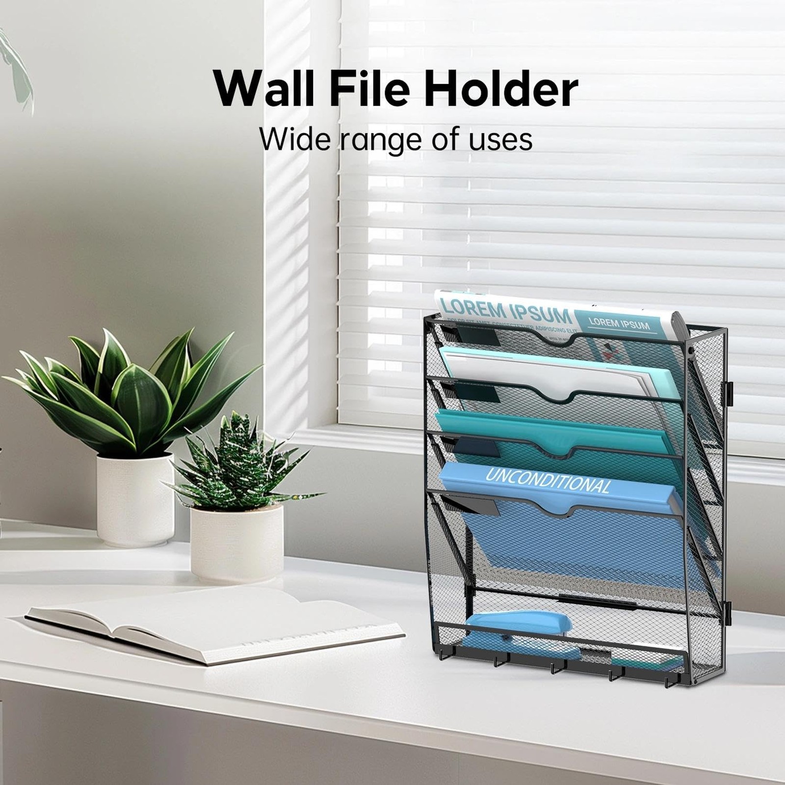 5 Tier Wall File Organizer – Hanging File Organizer with 5 Hooks, Mail Holder Wa