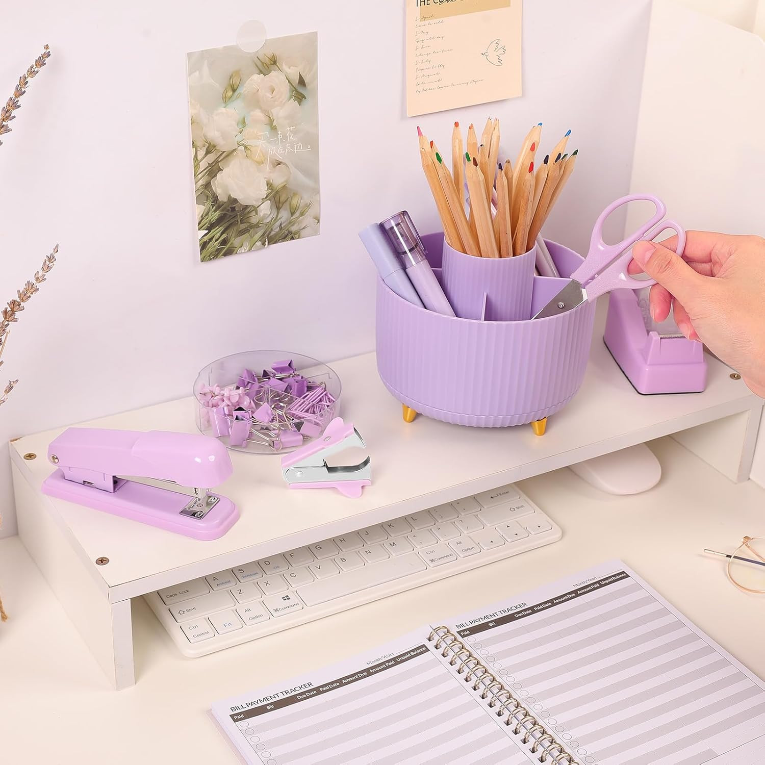 Purple Office Desk Accessories Set 10PCS with Stapler Pencil Holder Scissors