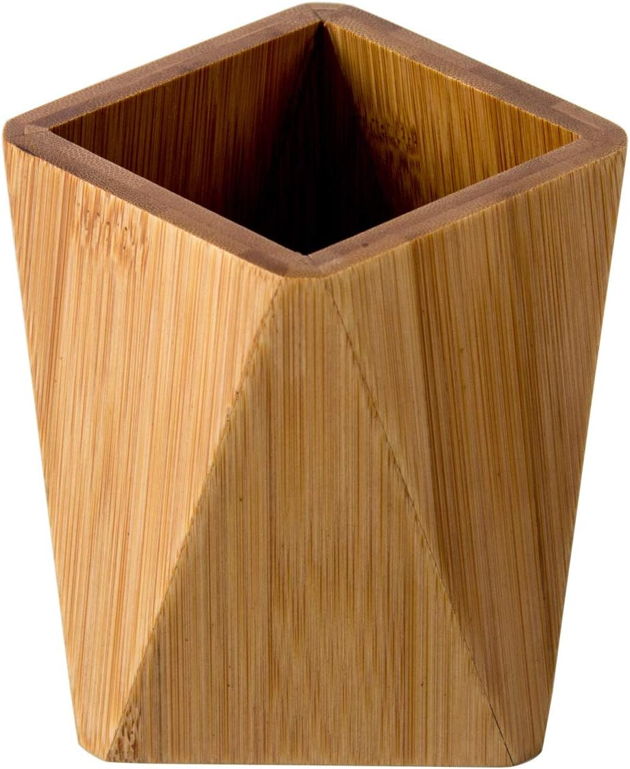 Bamboo Wood Pen Holder Stand for Desk Geometric Pencil Cup Pot Cute Desktop Offi