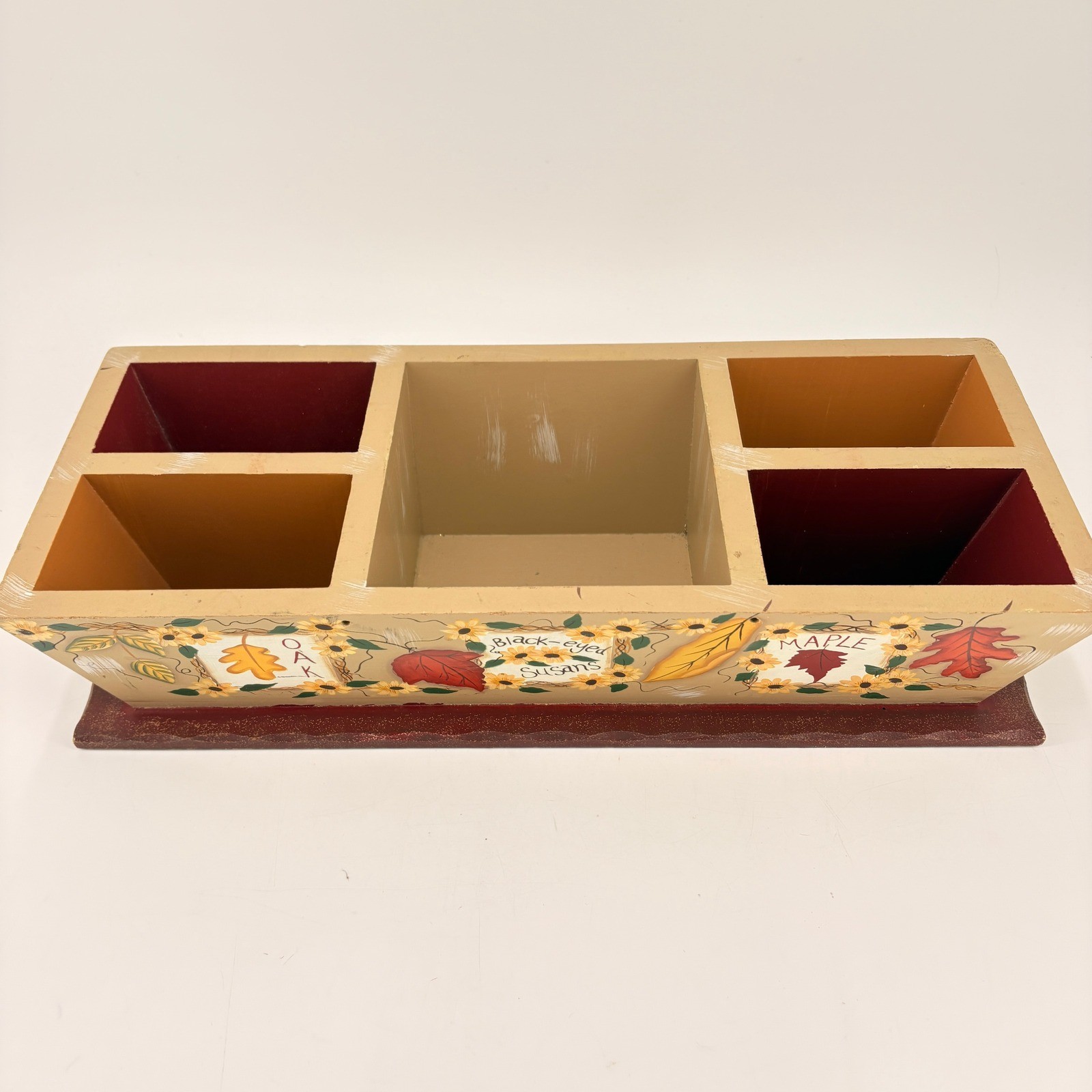 Kathy Hatch Hand Painted Wood Desk Organizer Fall Leaves Floral Autumn Caddy