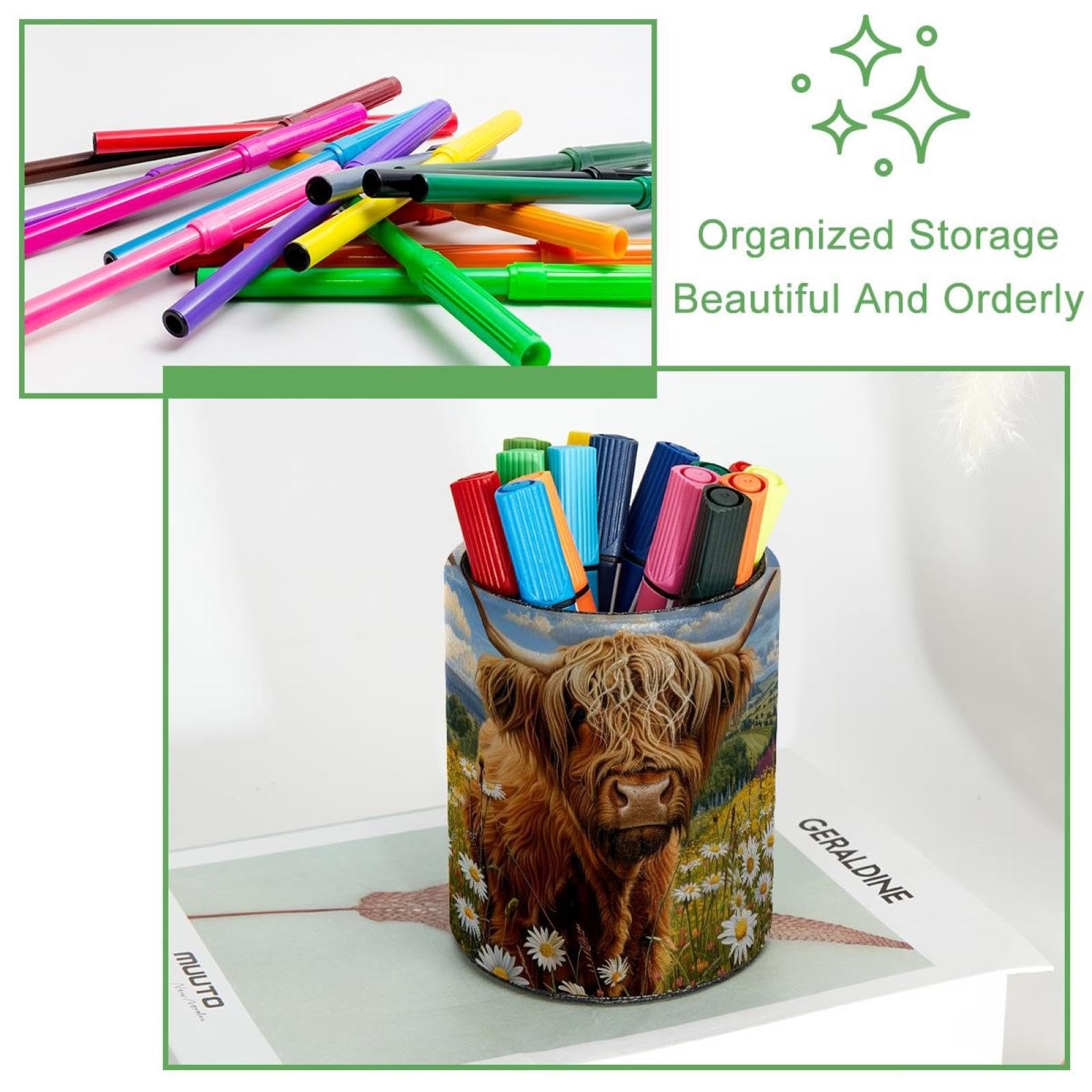 Large Capacity Colored Pen Holder for Desk,Highland Cow Daisies Leathe Pencil…