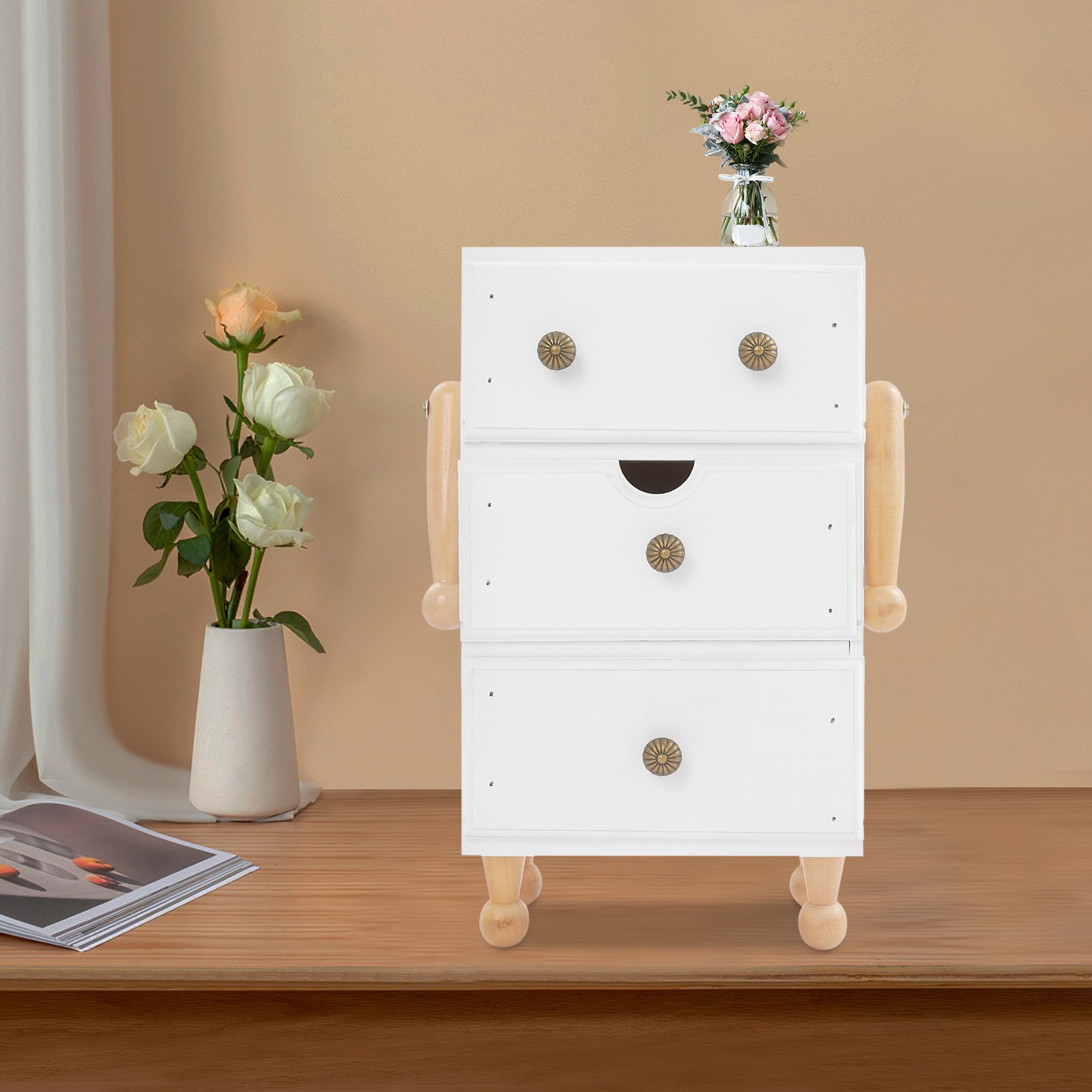 White Retro 3 Drawer Storage Cabinet Pine Wood Freestanding Organizer For Office
