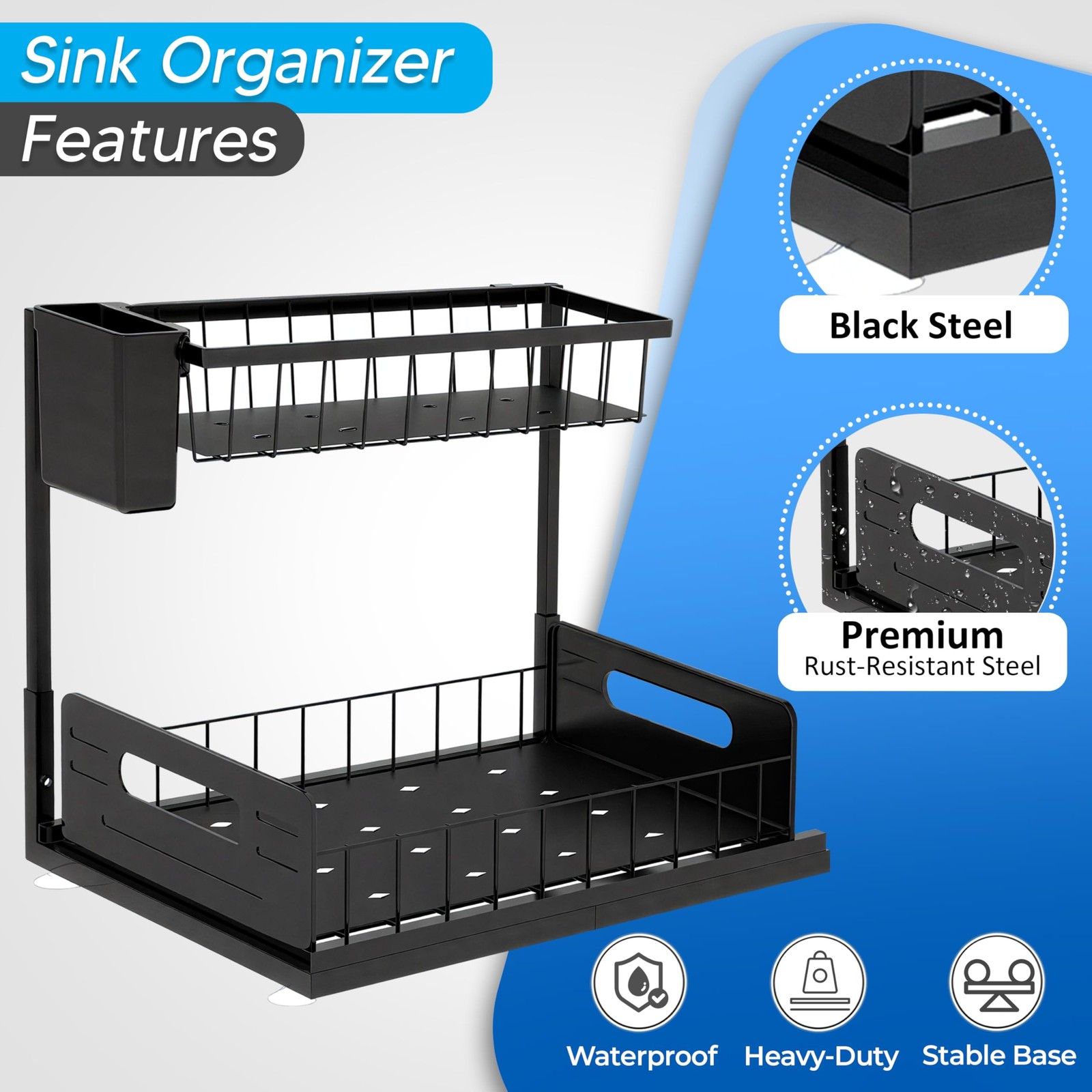 Under Sink Organizer 2 Tier with Slide-Out Drawer and Brush Holder (1) Black