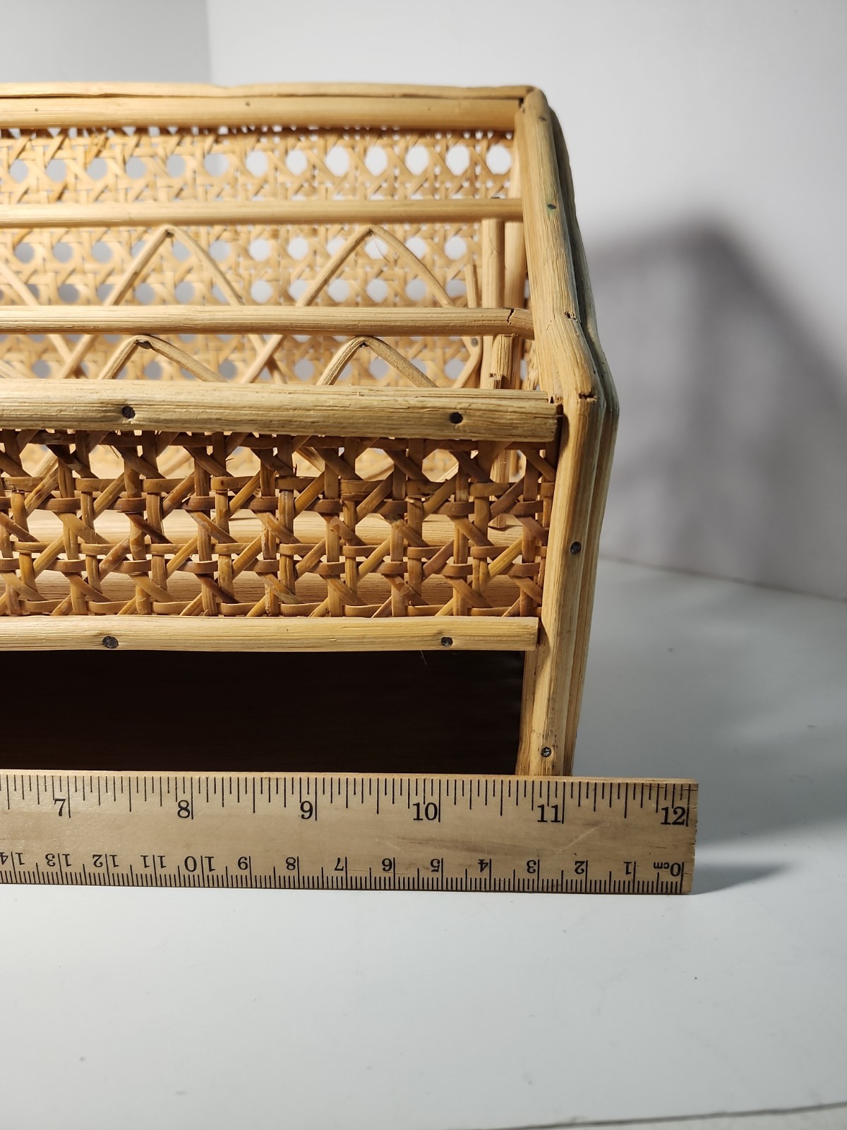 Vintage Bamboo & Rattan Cane Wood Surface Top Desk Top Letter Organizer