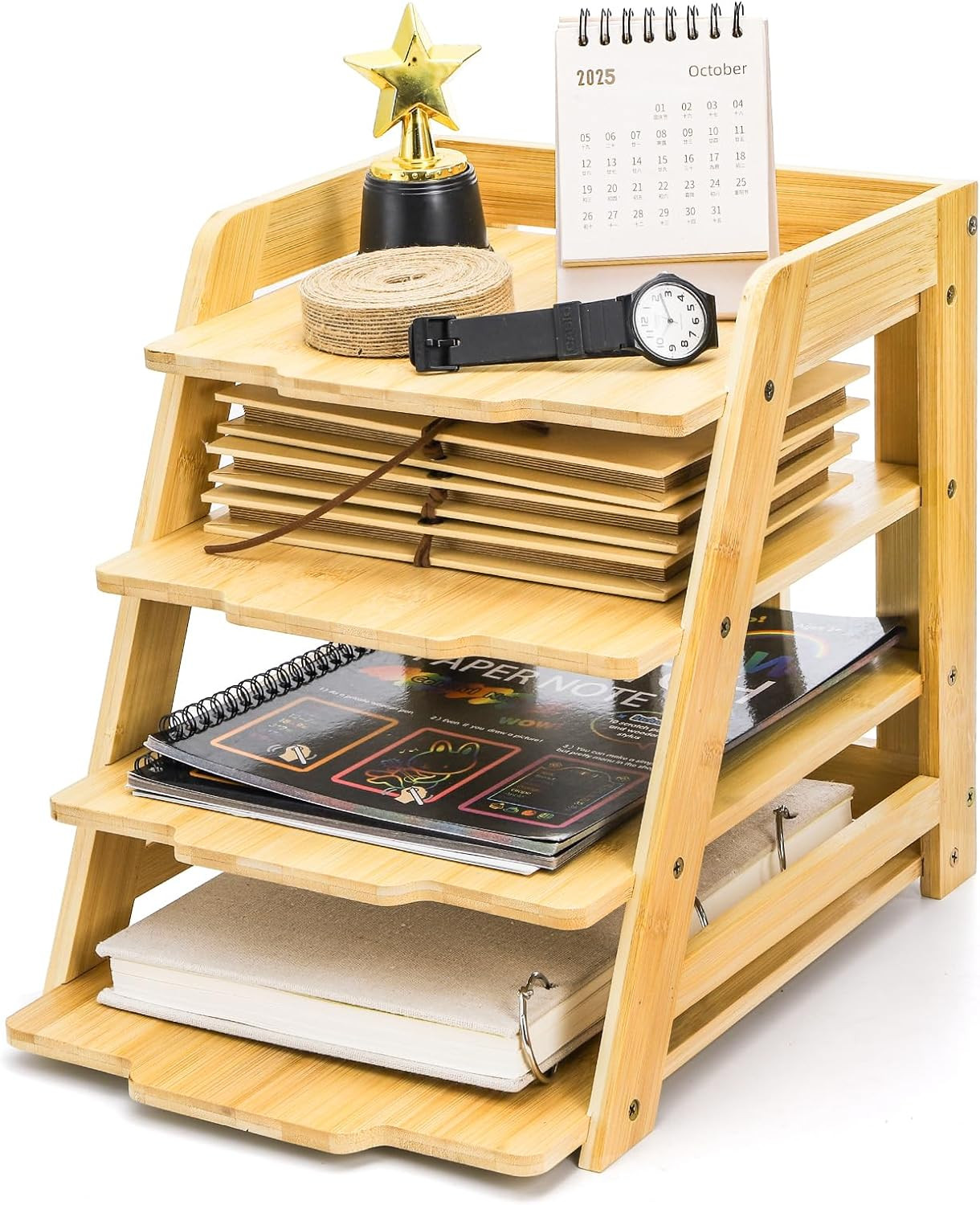 Wood Paper Organizer for Desk, 4 Tier Bamboo Letter Tray File Folder, Mail Sorte