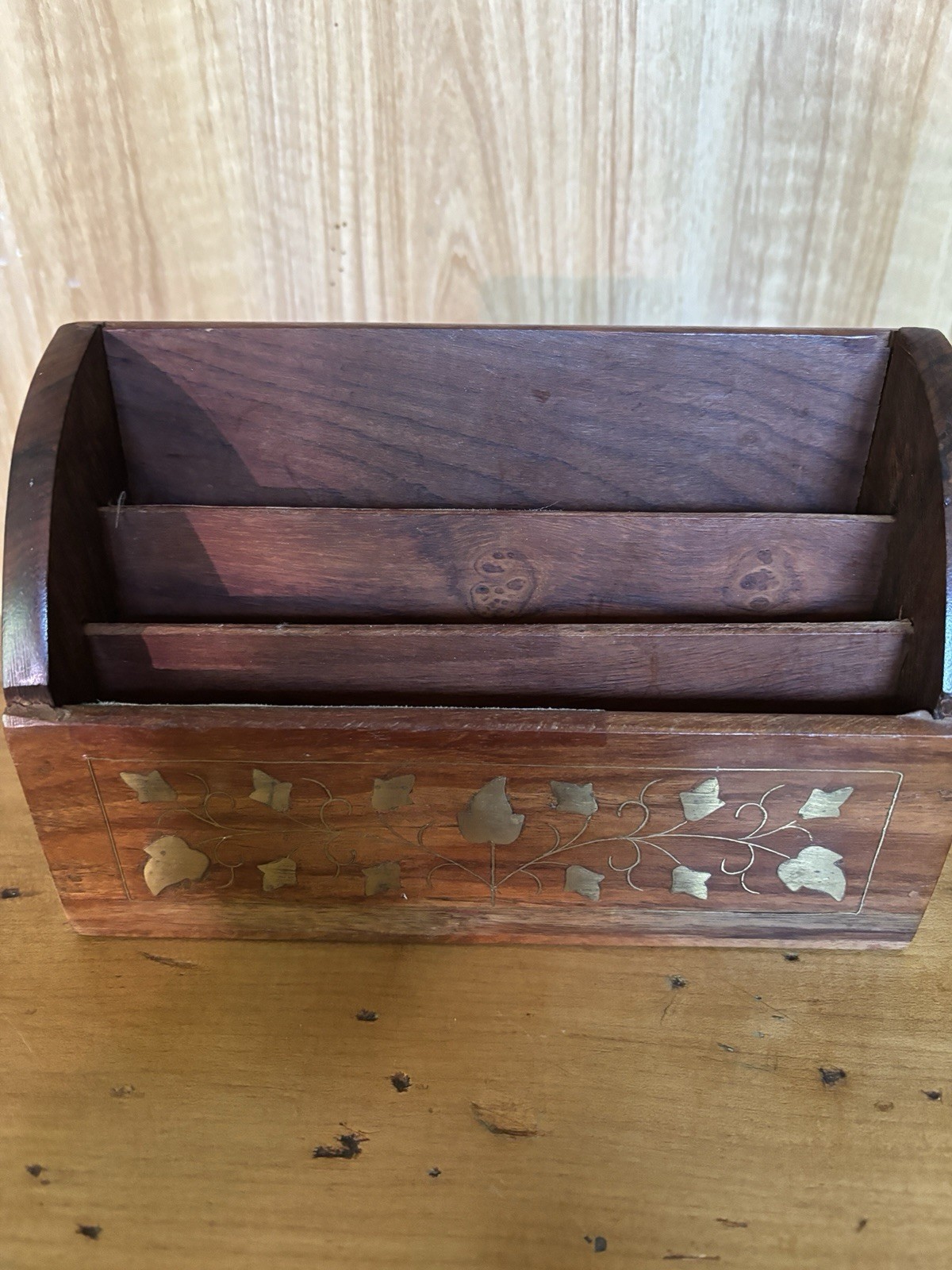 Vintage Handcrafted Rosewood Letter Holder Inlaid Brass Ivy Leaf Desk Organizer