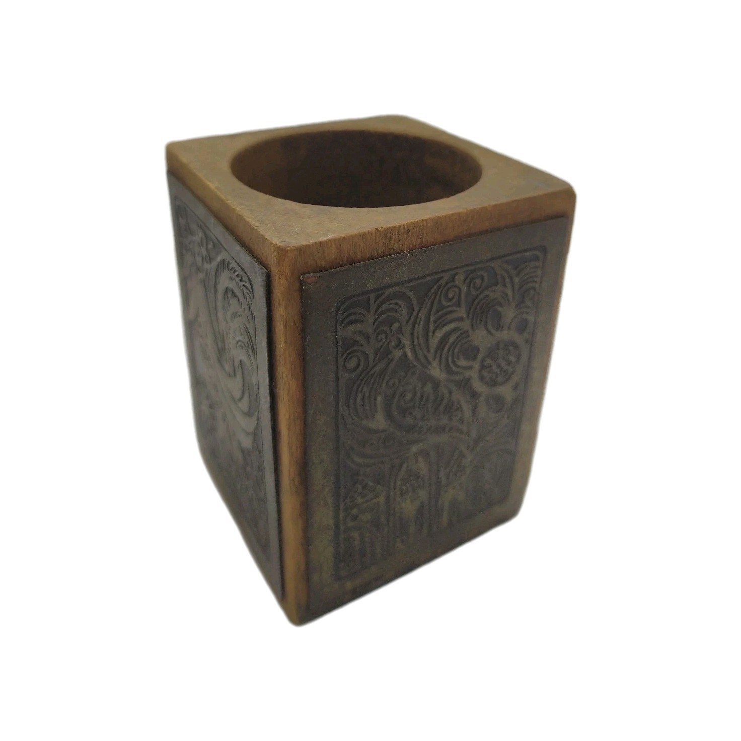 Vintage Mixed Wood & Copper Pencil Pen Holder From Holly Land Hand Made Nice