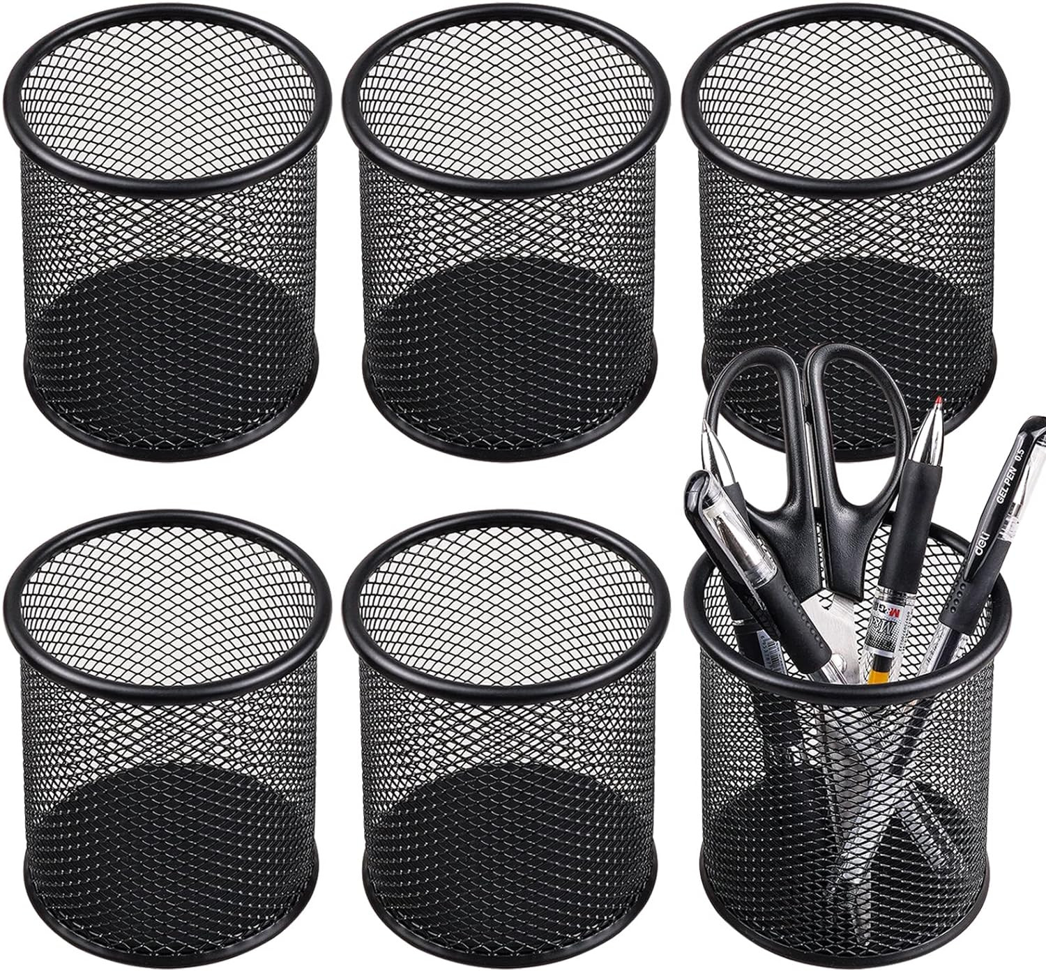 Mesh Pen Cup Metal Pencil Holder for Desk 6 Packs Black Pen Organizer Office 3.5