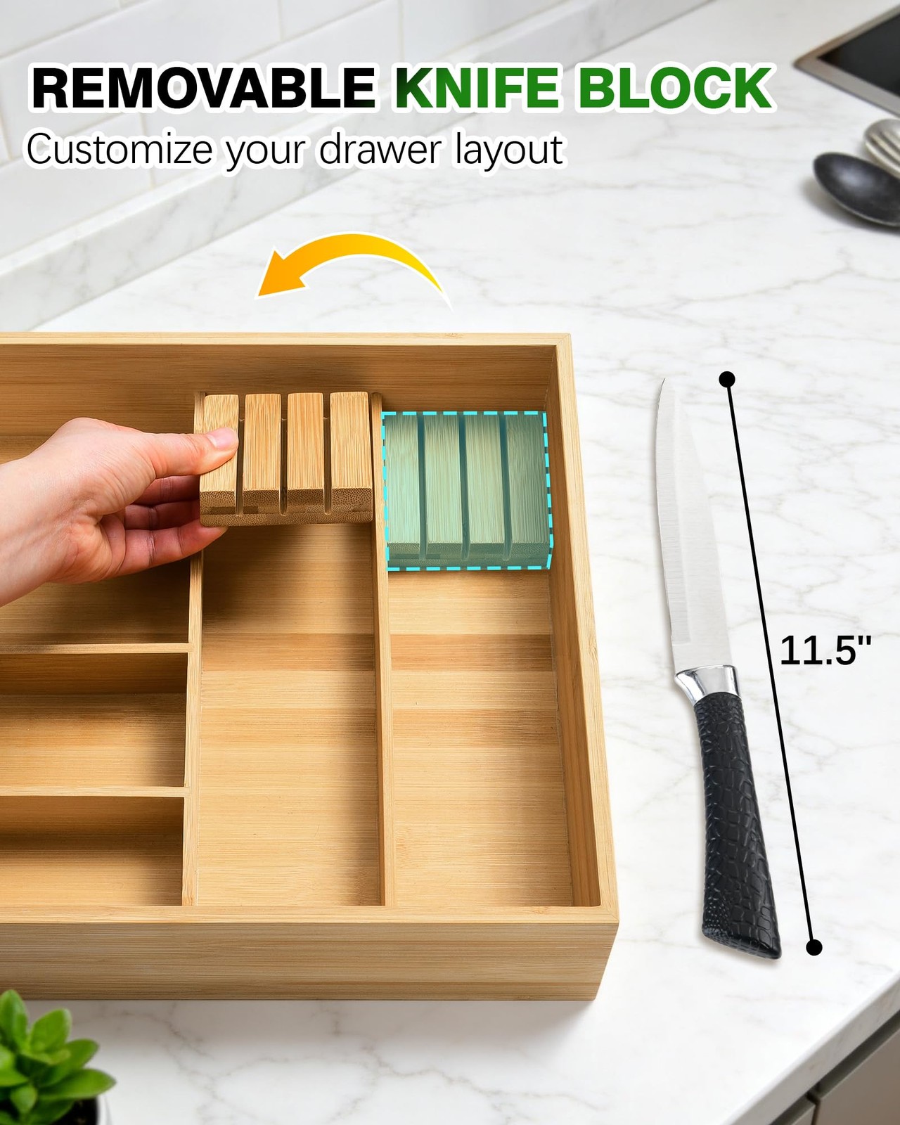 HULISEN Double Layer Bamboo Utensil Drawer Organizer, 2 Tier Silverware Wood