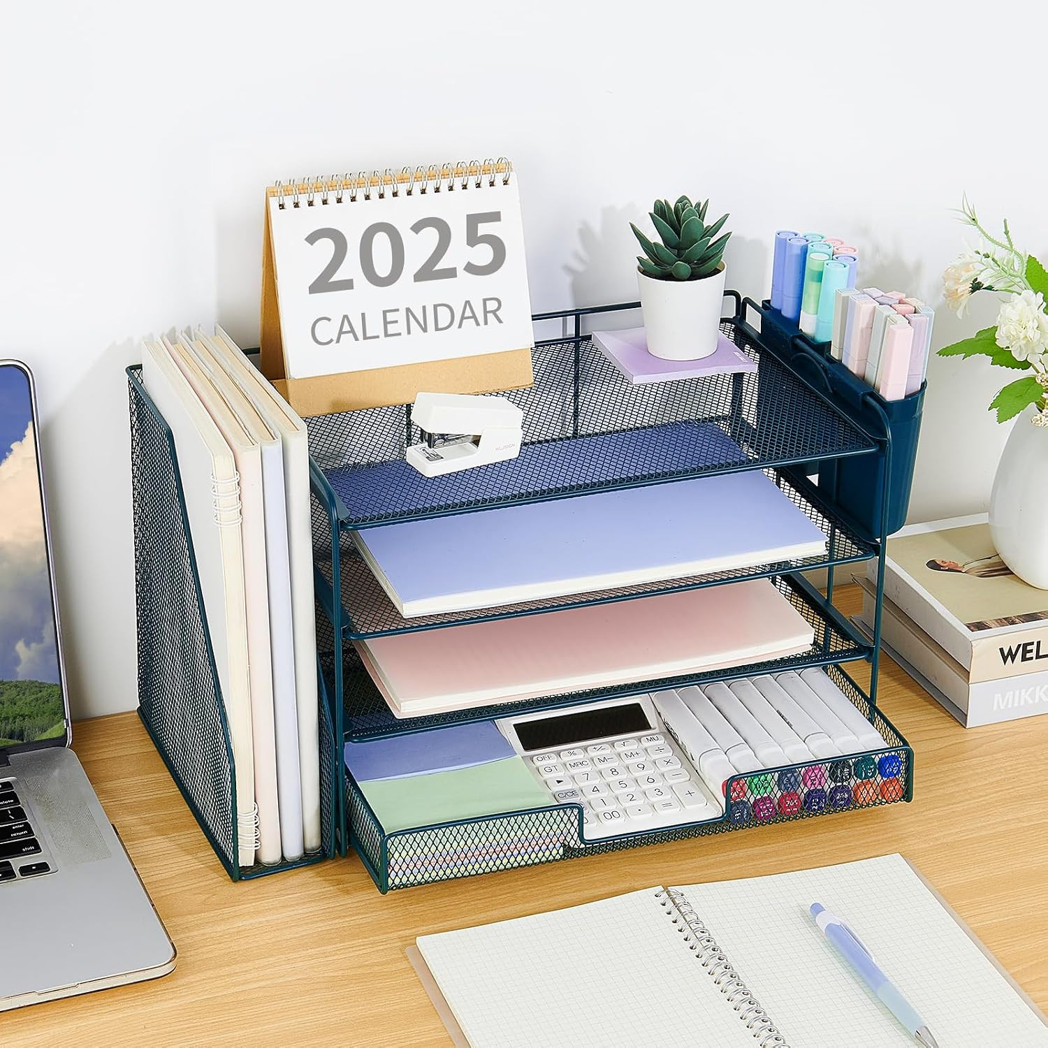Desk Organizer, 4-Tier Desktop File Organizer with Drawer and 2 Pen Holders, Off