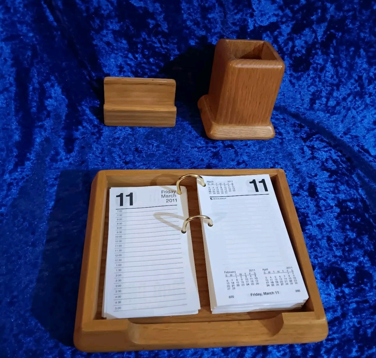 Oak Line By Curtis Wooden Desk Organizer, Business Card and Pen Holder, Planner