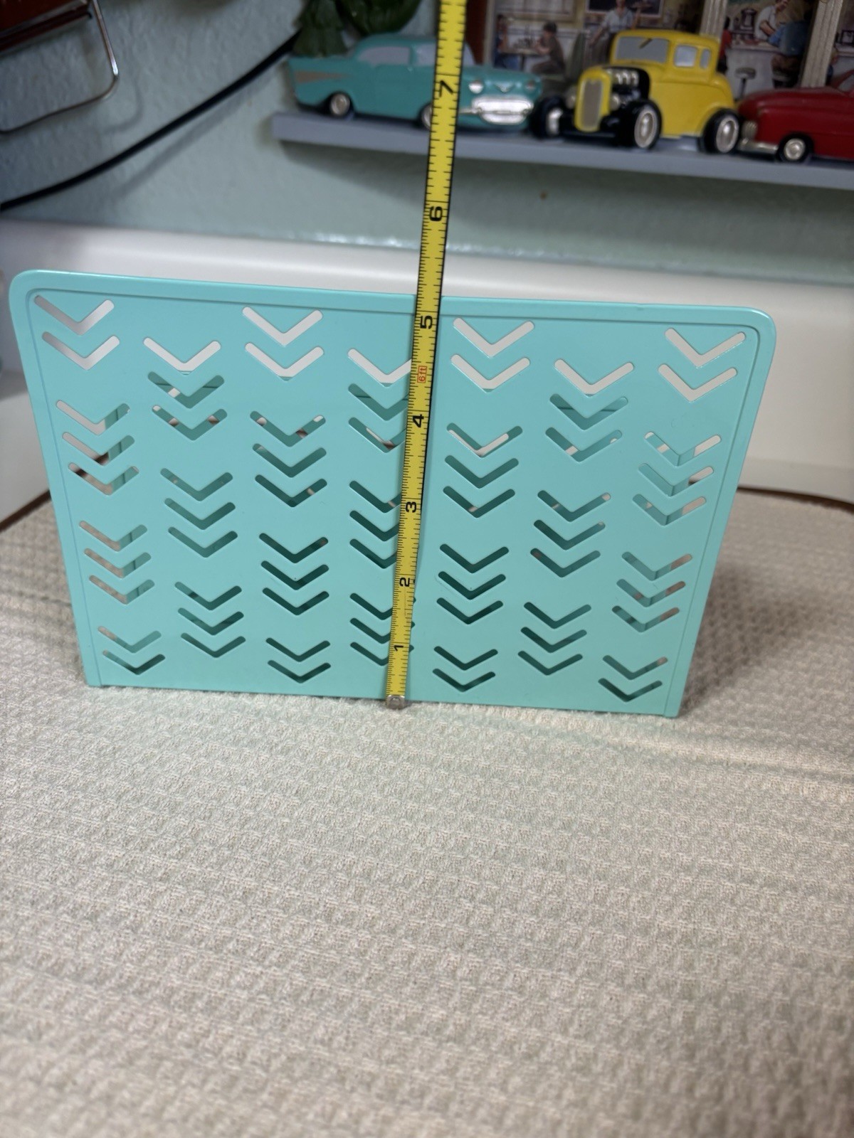 Aqua/Teal Metal Desktop Organizer 3-Slot Letter Mail Paper Holder Chevron