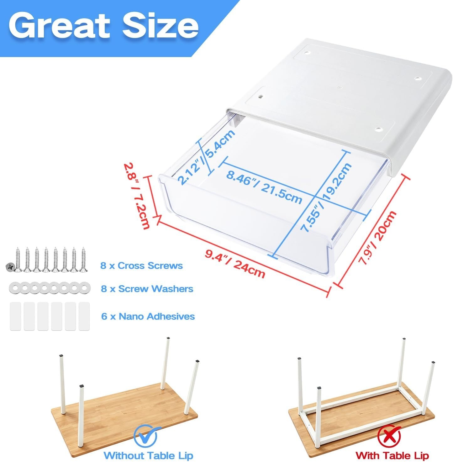 Under Desk Storage Drawers – Easy Install, Clutter-Free Solution, 2 Pack