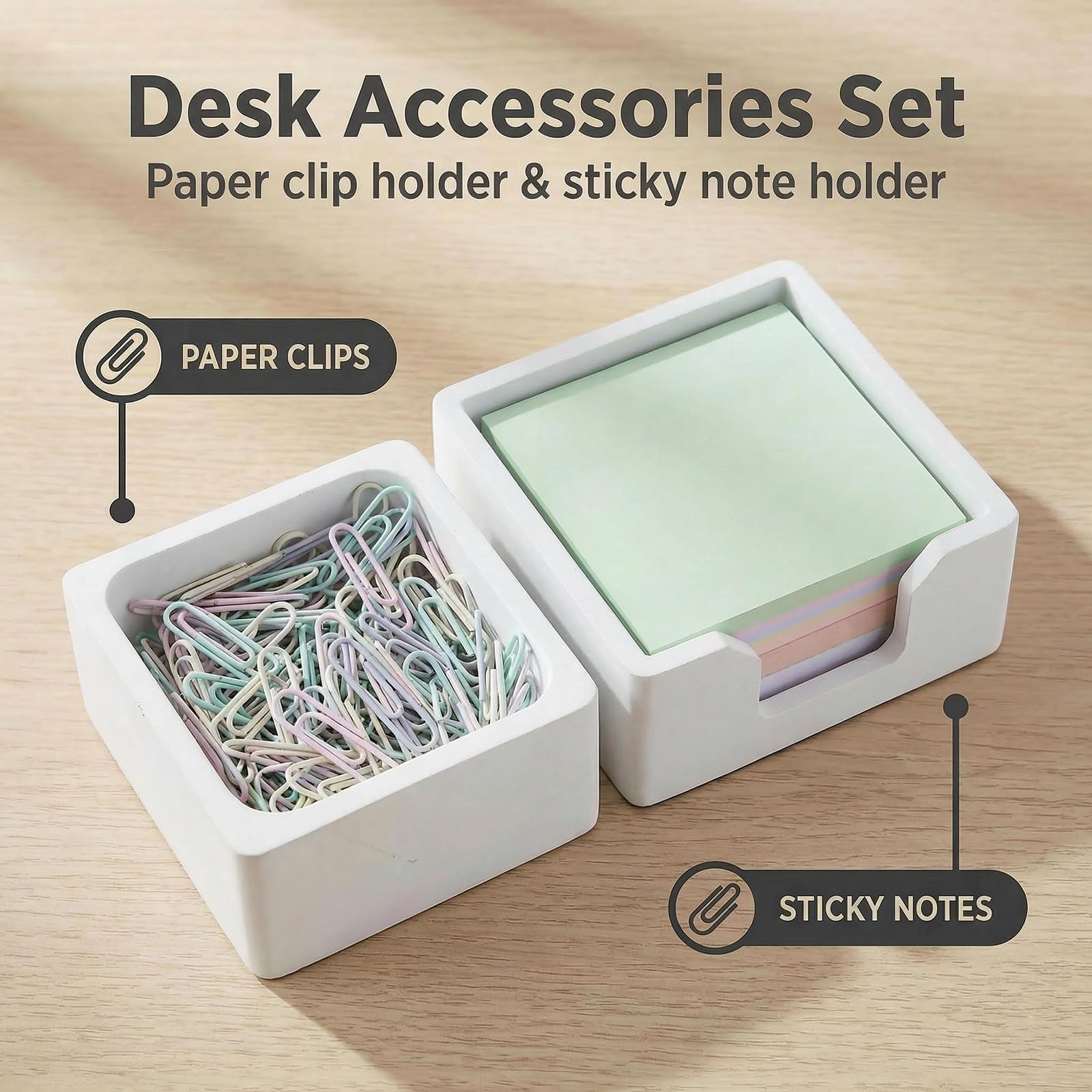 Concrete Desk Organizer Set of 2 – Minimalist Sticky Note Holder & Clip Dispe…