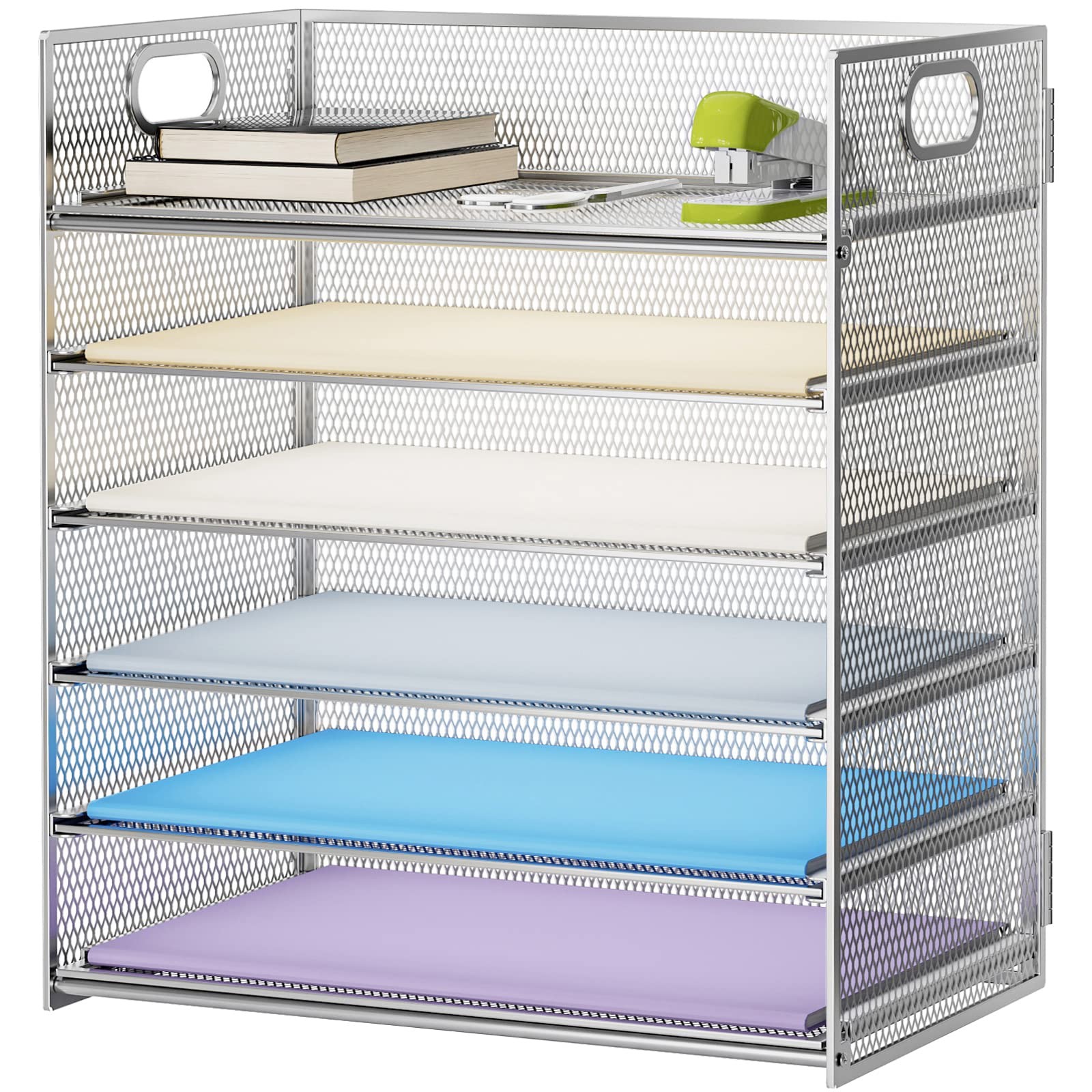 6Tier Mesh File Organizer with Handle, Letter/A4 Paper Tray Silver