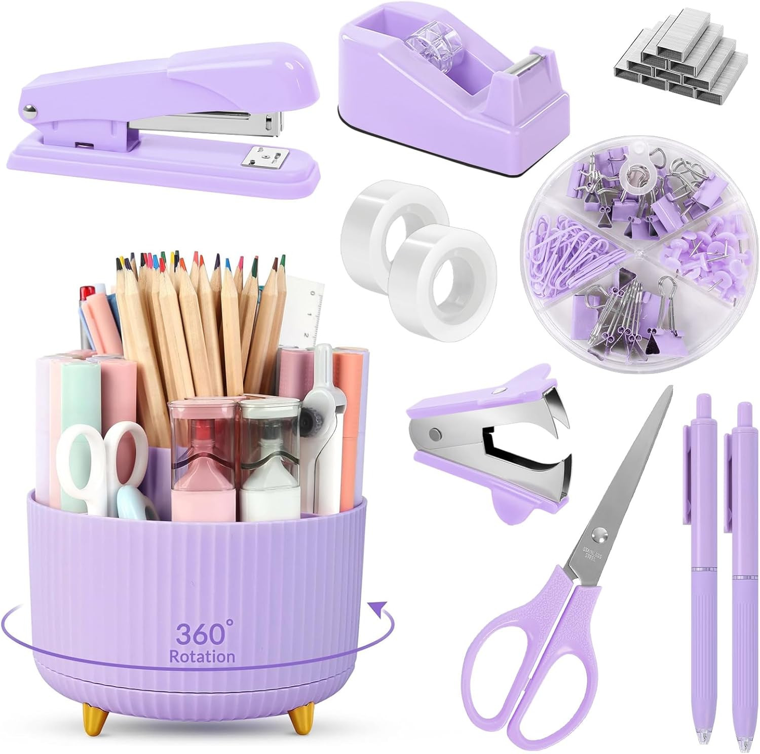 Purple Office Desk Accessories Set 10PCS with Stapler Pencil Holder Scissors