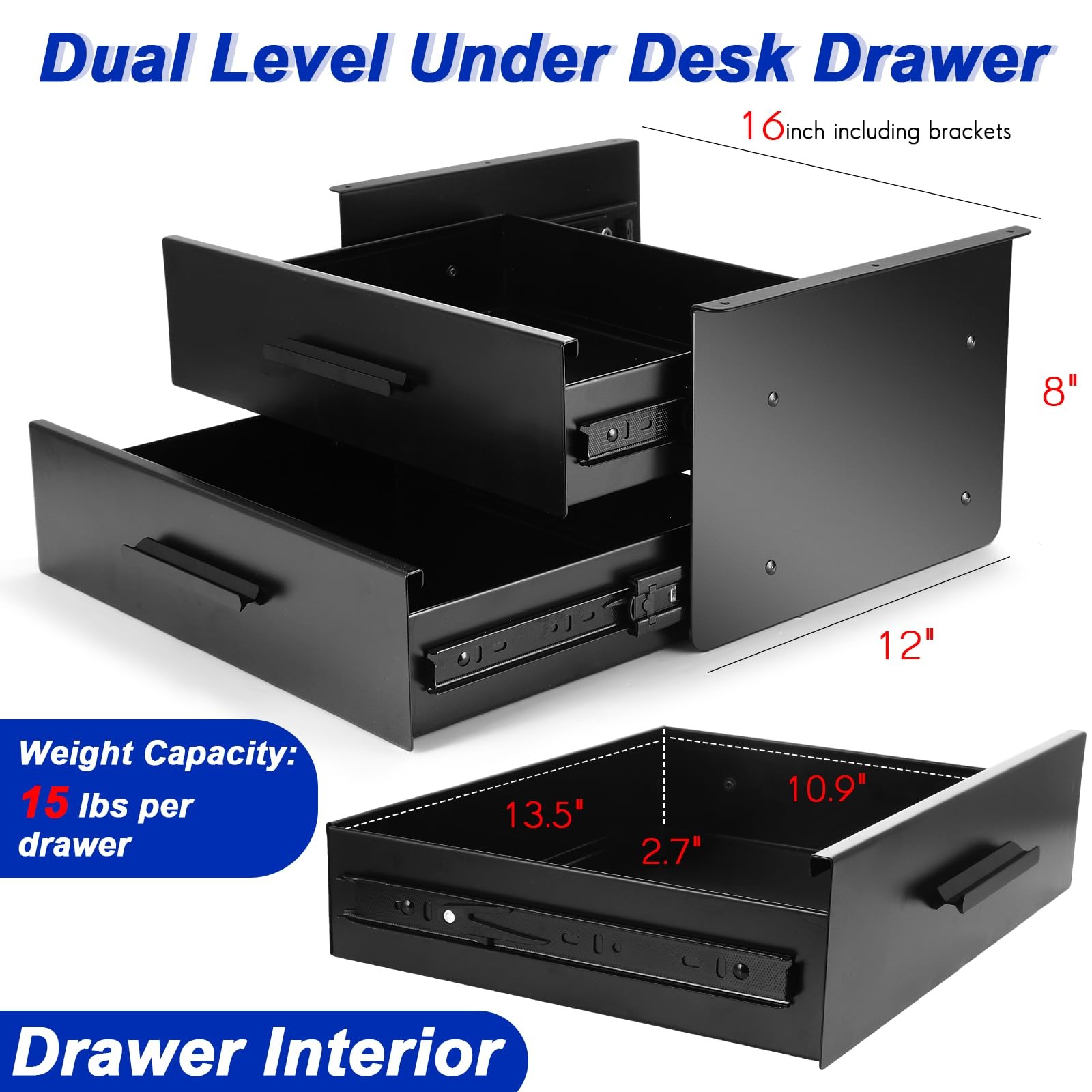 Menkxi 16” Under Desk Drawer Slide-out Steel 16 x 12 x 8 Inch, Black