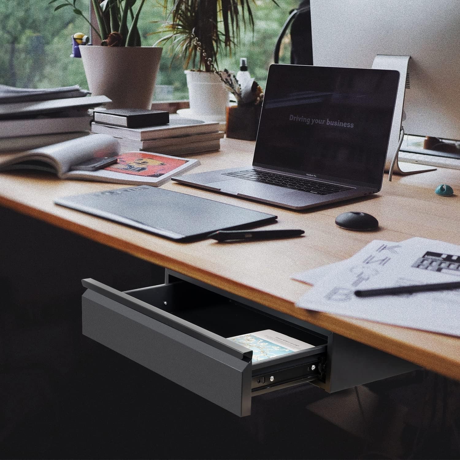 18” Under Desk Drawer with Large Slide and Cable Management: Black Metal Design