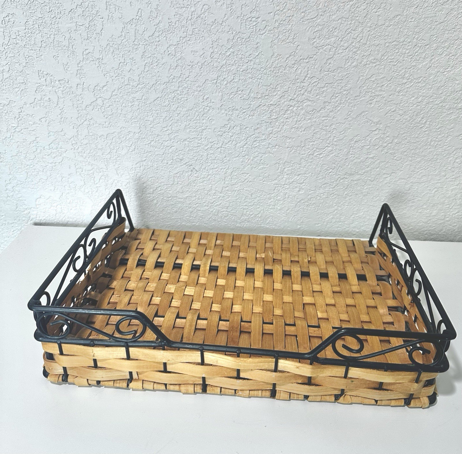 Letter Holder Wicker and Black Metal Desktop Tray Organizer Rustic
