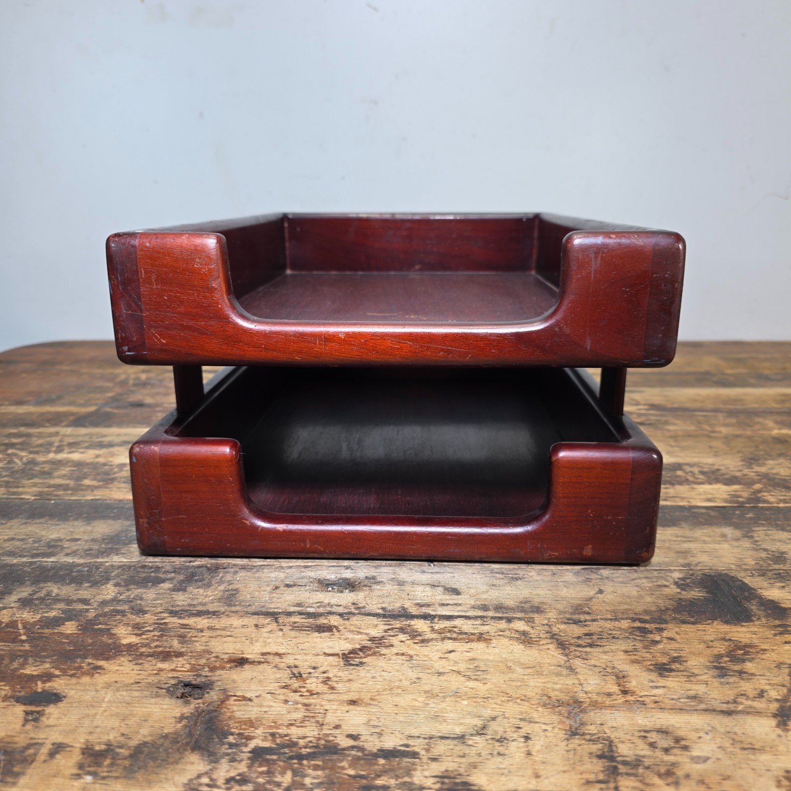 Vintage Wood 2 Tier Letter Tray Desk Organizer Mid Century Modern Rustic Style