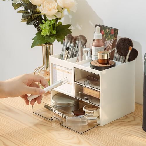 Desk Organizer with 3 Drawer, Multi-Functional Pencil Pen Holder B Style-White
