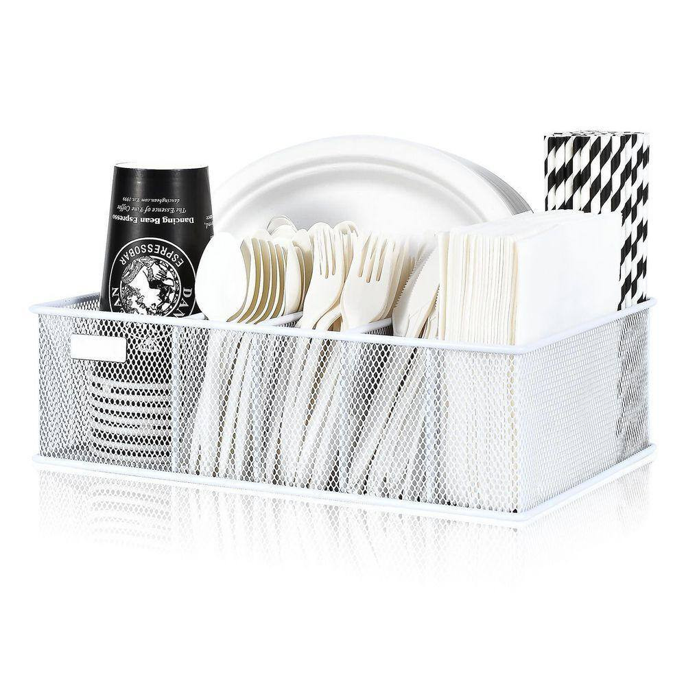 White Metal Paper Plate Organizer with 6 Compartments for Cups, Utensils, Napkin
