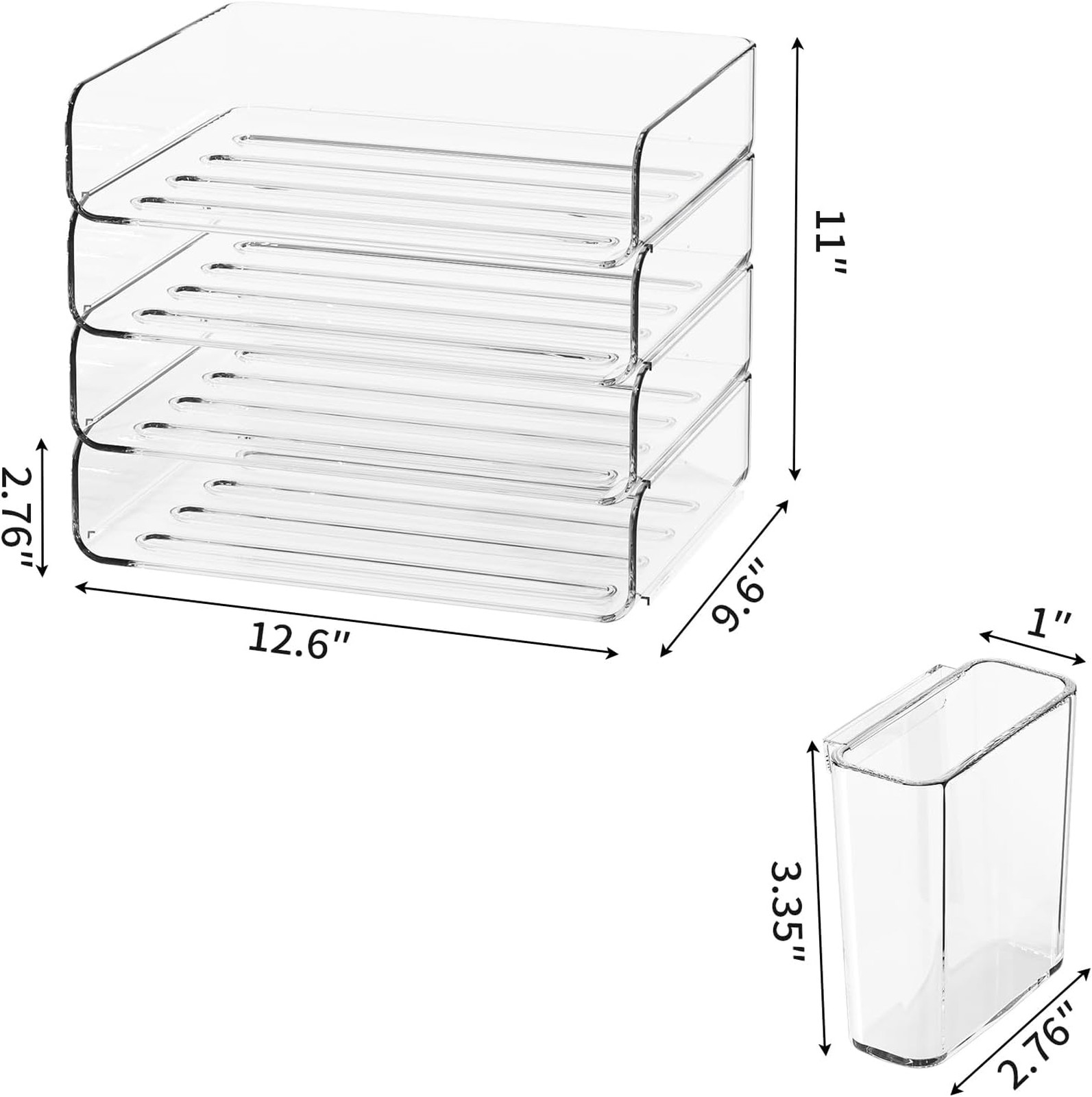 4-Tier Horizontal Acrylic Paper Tray Organizer with Pen Holder, Stackable Desk