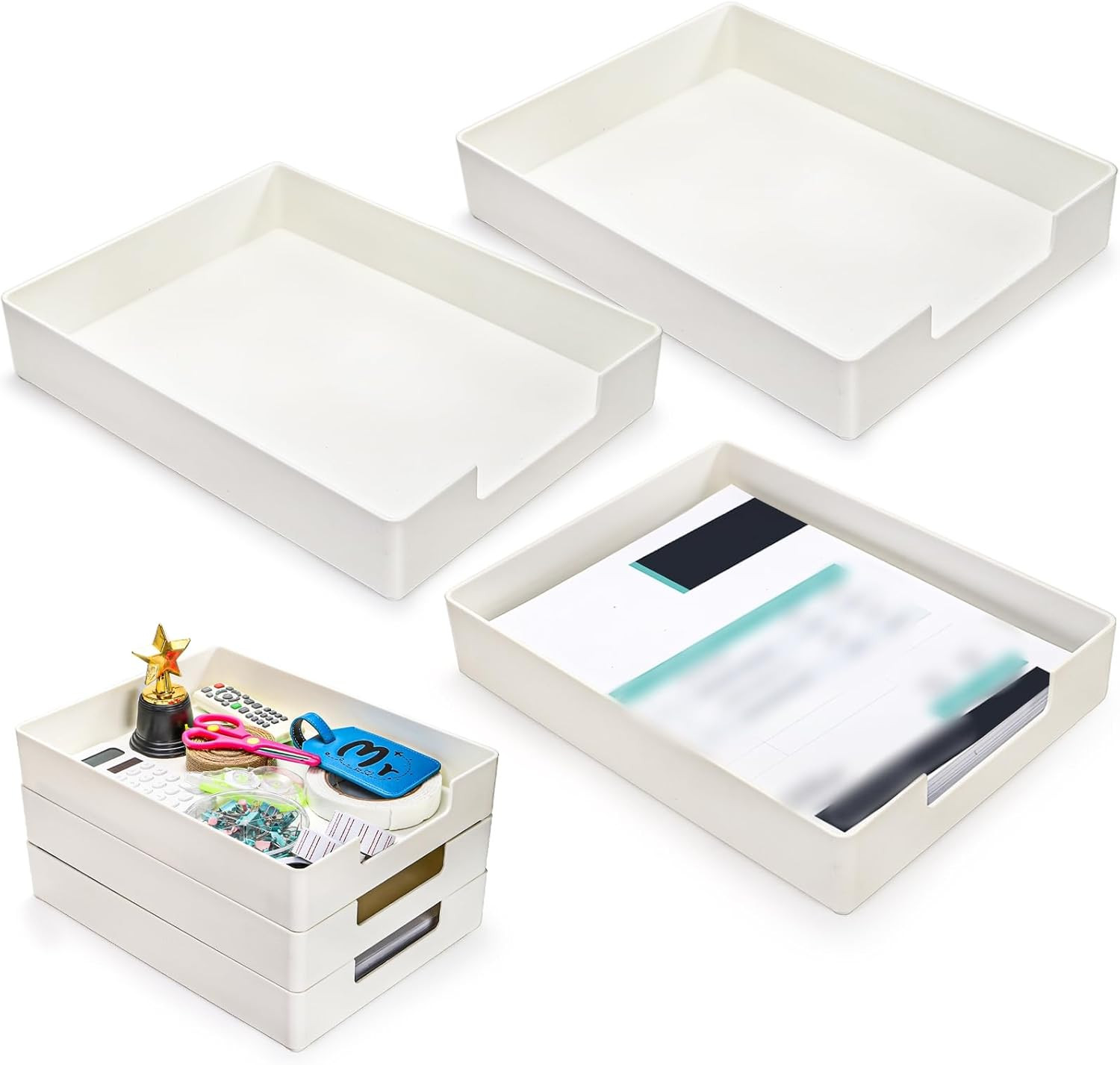 3 Pack Letter Tray, Plastic Stackable A4 Paper Trays, Rectangular Desk Drawer Or