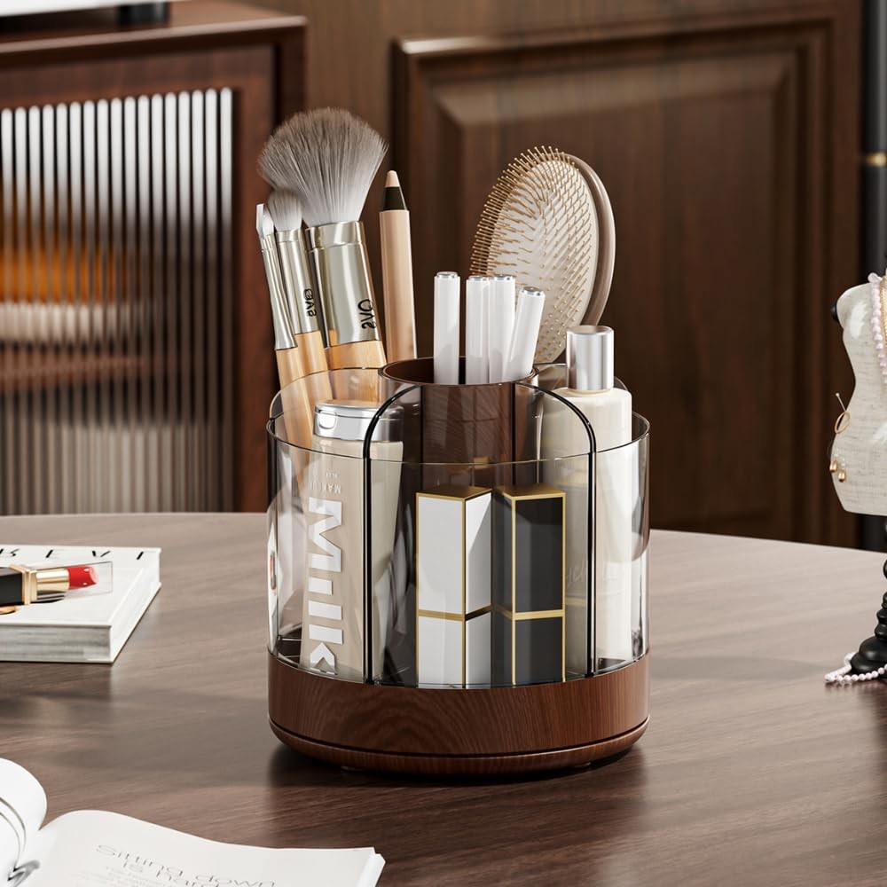 Siehpa3 Makeup Brush Holder 360° Rotating 6 Slot Dark Woodgrain