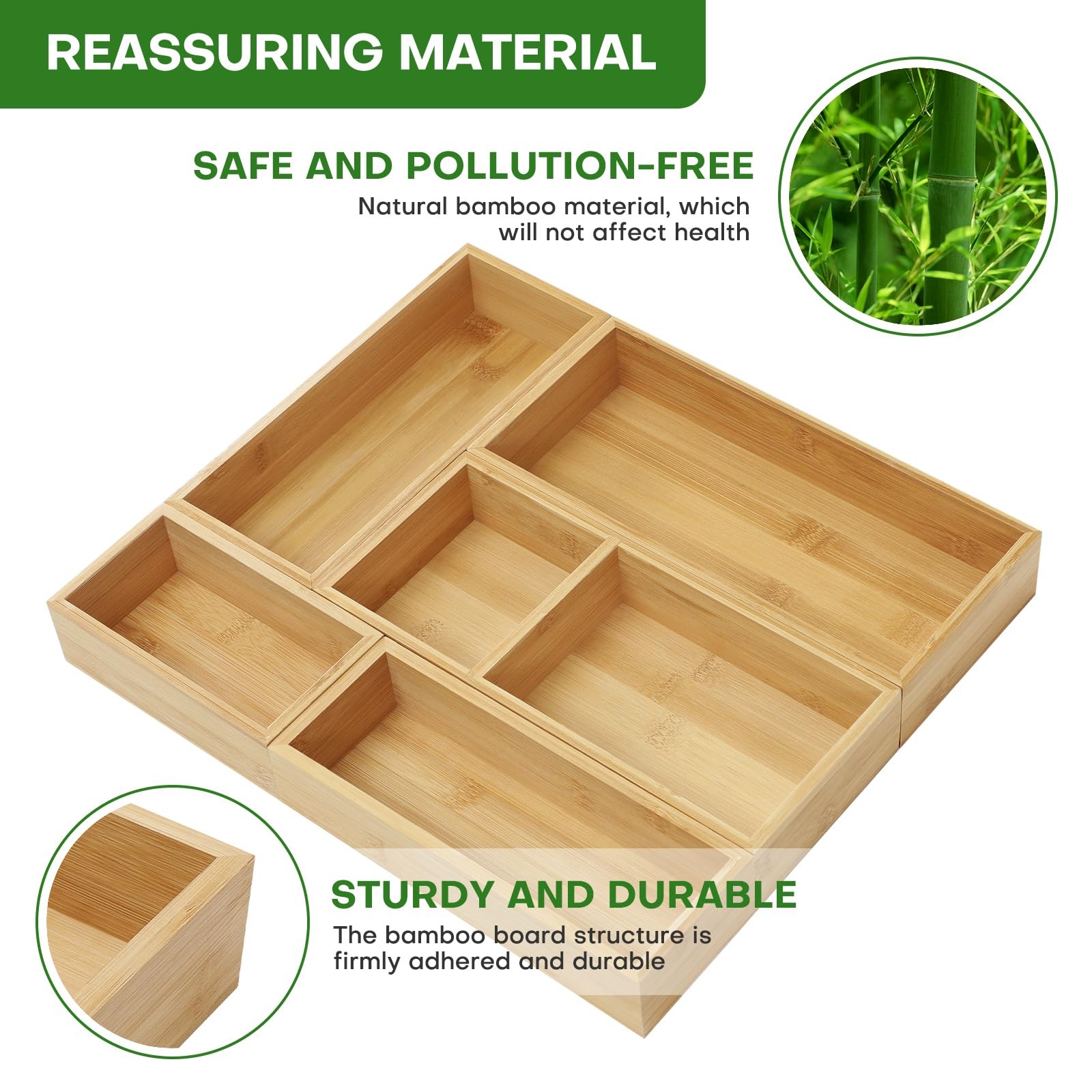 Bamboo Drawer Organizer Set, 5 PCS Multi-Use Individual 5, Natural