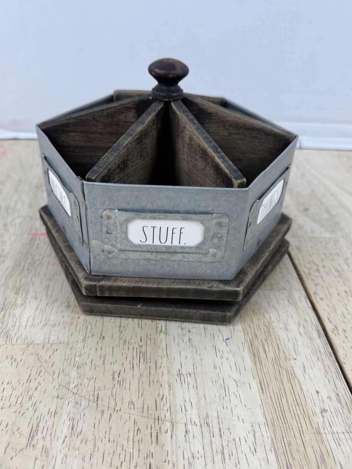Rae Dunn Galvanized Steel & Wood Metal Rotating Spinning Rustic Desk Organizer