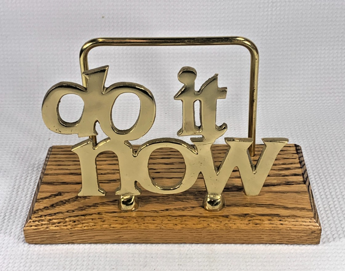 Vintage Brass “Do It Now” Motivational Desk Sign on Oak Base Office Decor