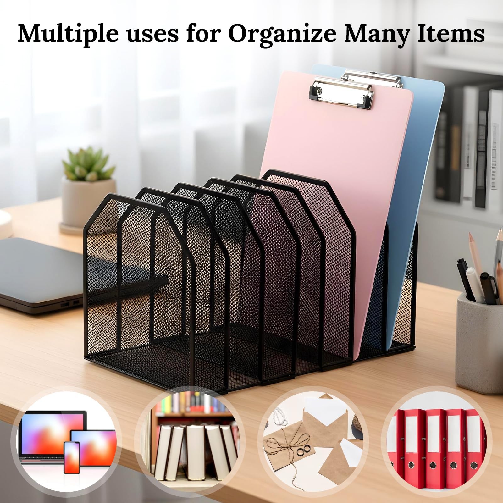 Metal Mesh File Organizer Adjustable 7 Section Vertical Desk Holder Black