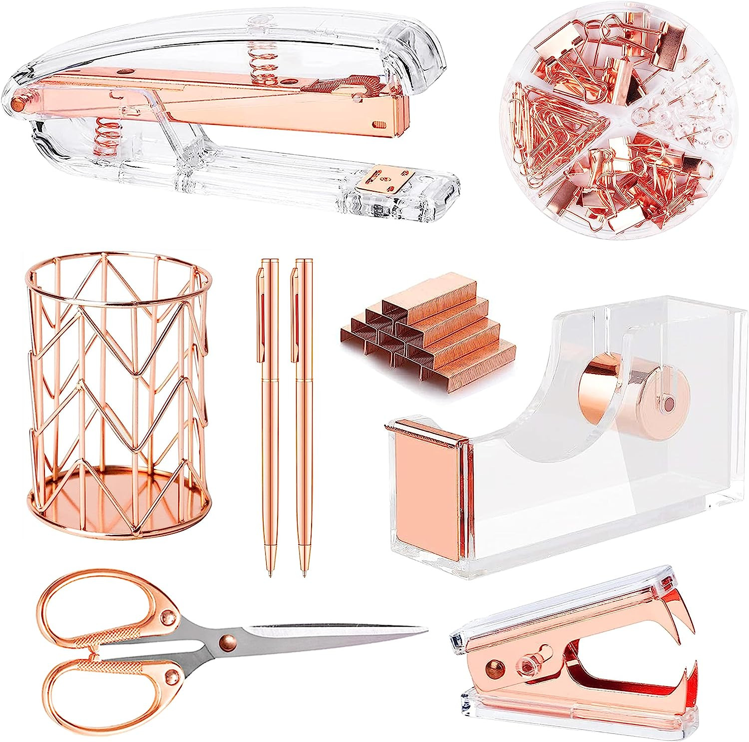 Rose Gold Desk Accessories，Office Supplies Set Acrylic Stapler Set Staple Remove