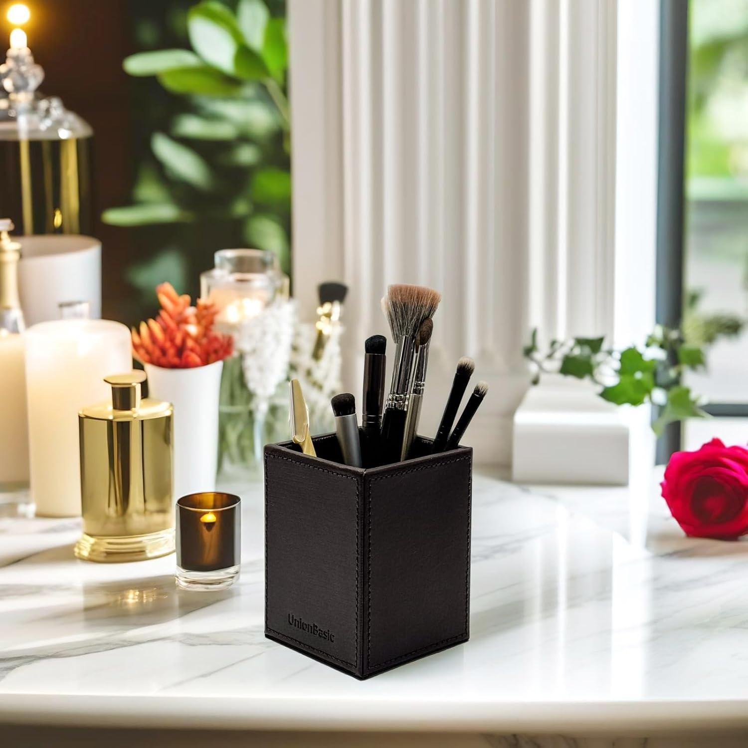 Square Pen Holder Leather Pencil Cup Desktop Caddy Stationery Organizer Black