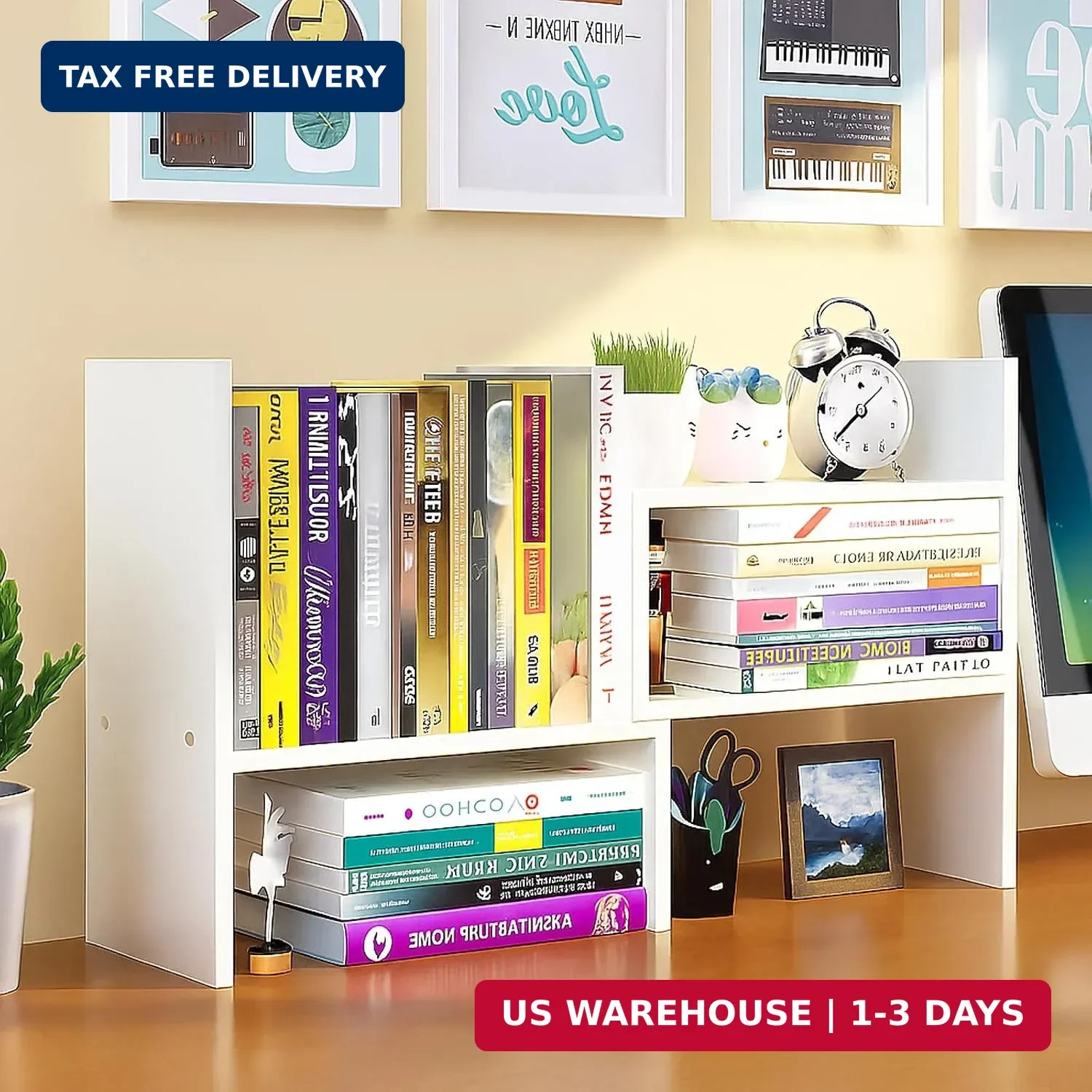 Desktop Shelf Organizer, Adjustable Wood Office Storage Rack, Counter Display Sm