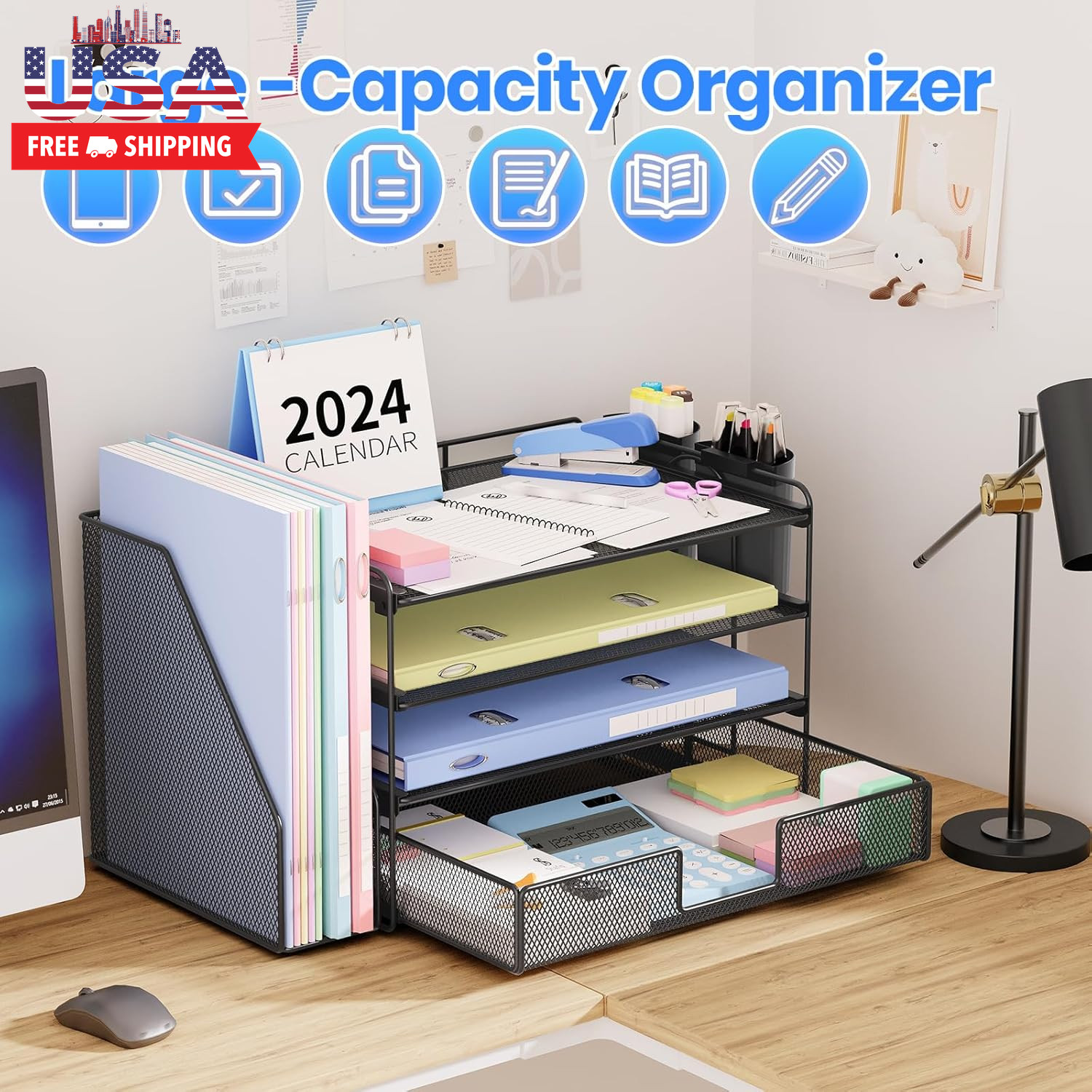 Desk Organizer, 4-Tier Desktop File Organizer with Drawer and 2 Pen Holders, Off