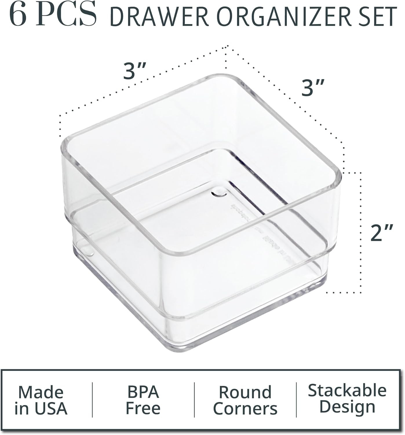 6-Piece Clear Stackable Drawer Organizer Set 3″ x 3″ x 2″ Square Trays