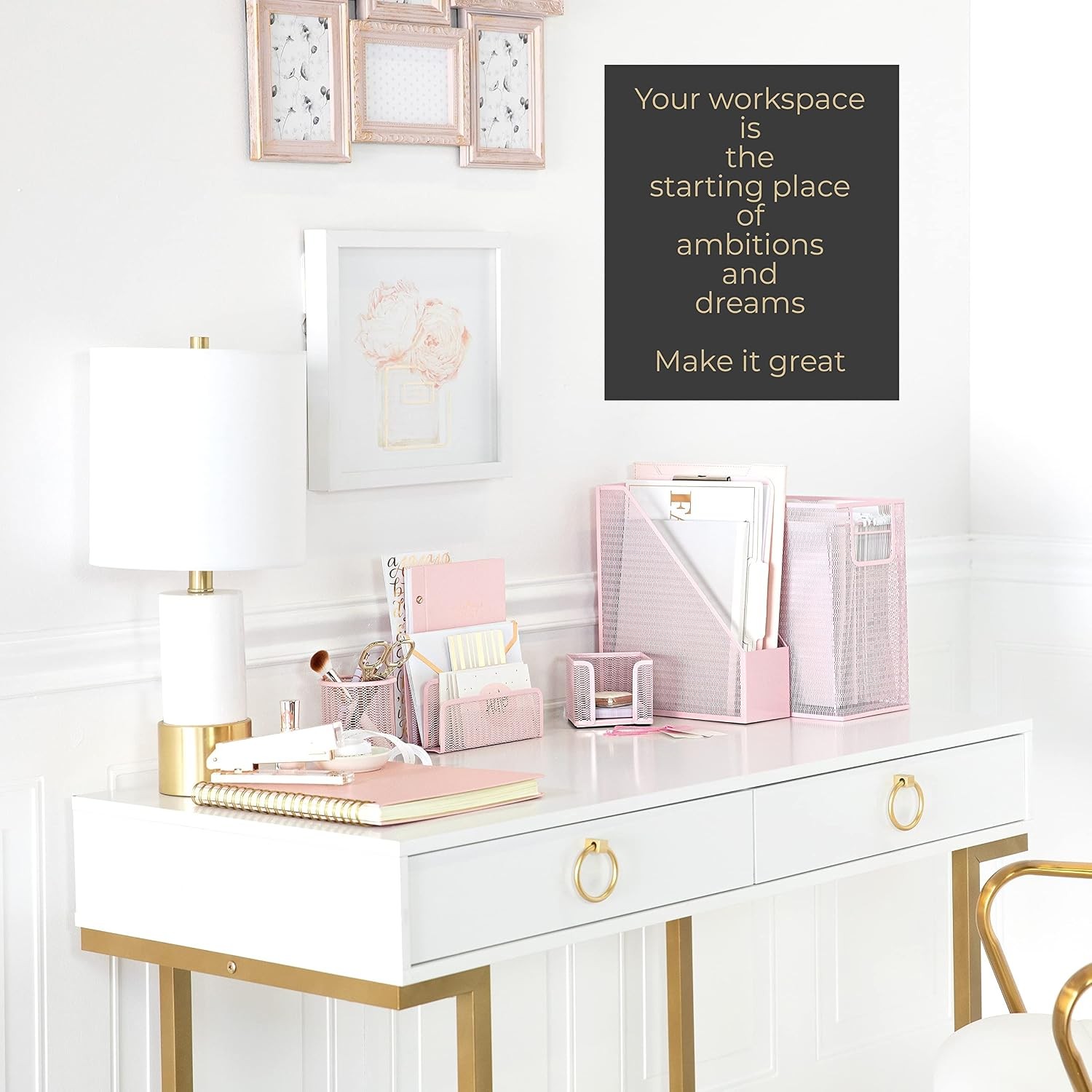 Pink Metal Desk Organizer Set – 5 Piece Office Accessories