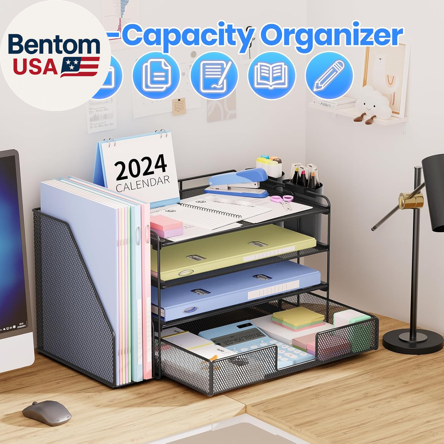 Desk Organizer, 4-Tier Desktop File Organizer with Drawer and 2 Pen Holders, Off