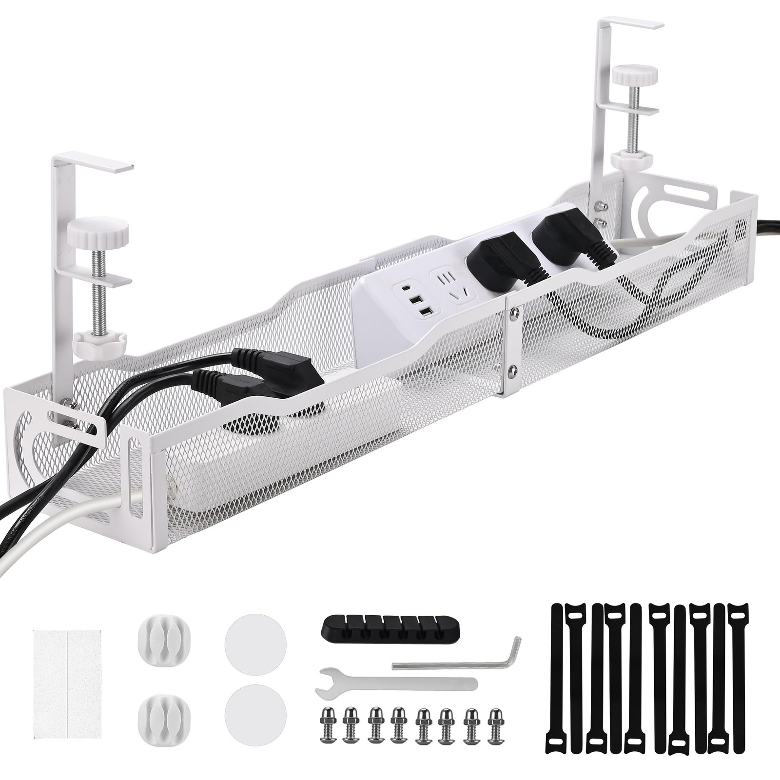 Under Desk Cable Management Box 25.3 Inch – Clamp-Mounted White-L-Lengthening