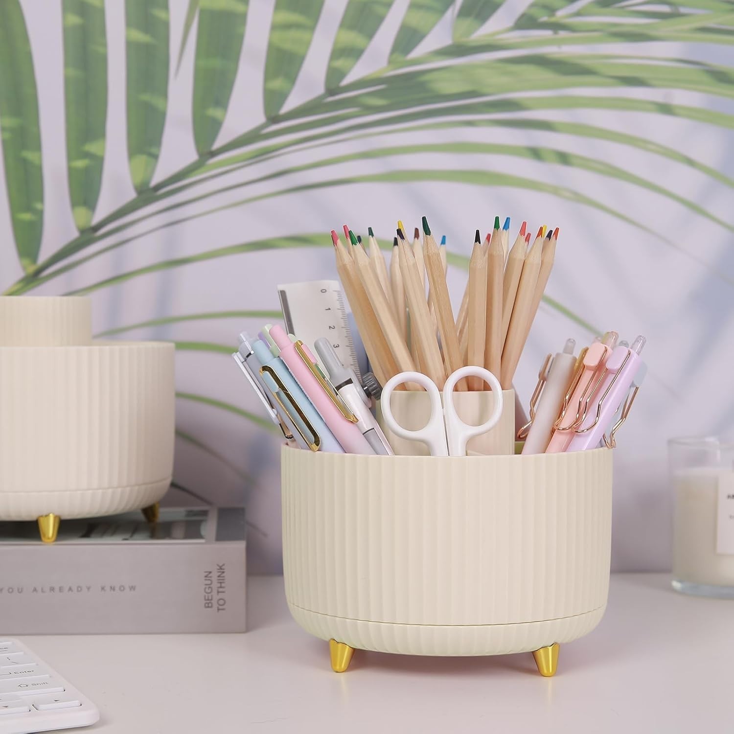Elegant 360-Degree Rotating Desk Organizer with 5 Slots – Beige Plastic